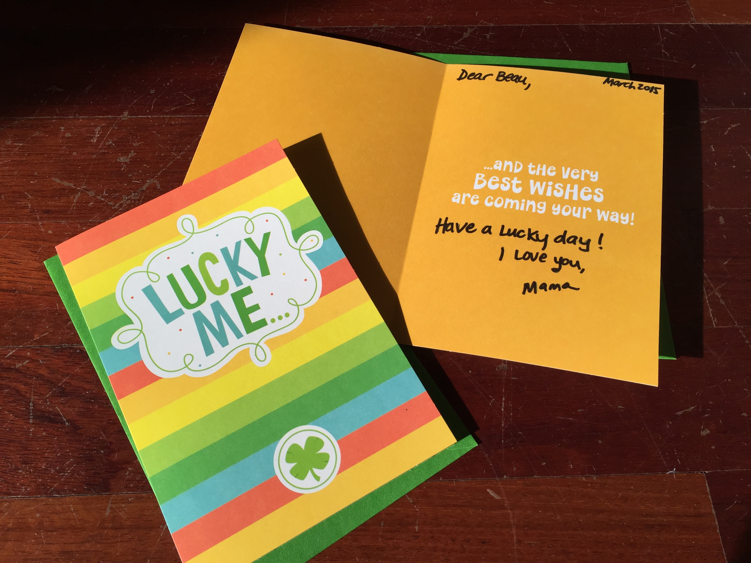 Because time flies, I always make sure to write the year on the cards. I try to pick cards that fit each child. These are two different cards for my two very different kids. ($1 for two at Dollar Tree).