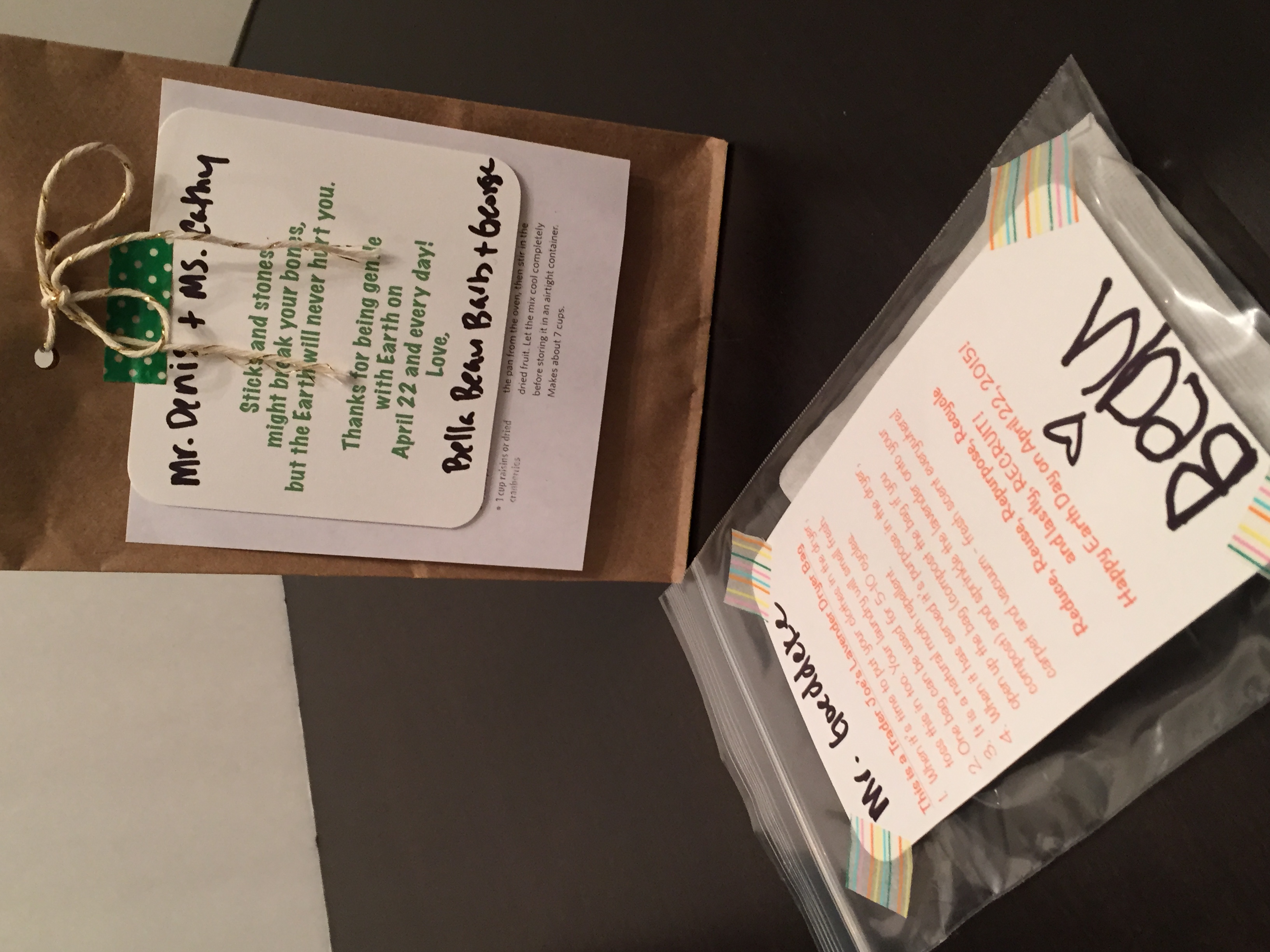 The Lavender Dryer bag is in the plastic with our note to Beau's K teacher attached w/washi tape. The bag of Sticks and Stones tied shut with twine from BROWN INK along with the recipe and gift tag that we made for our neighbors attached with washi …