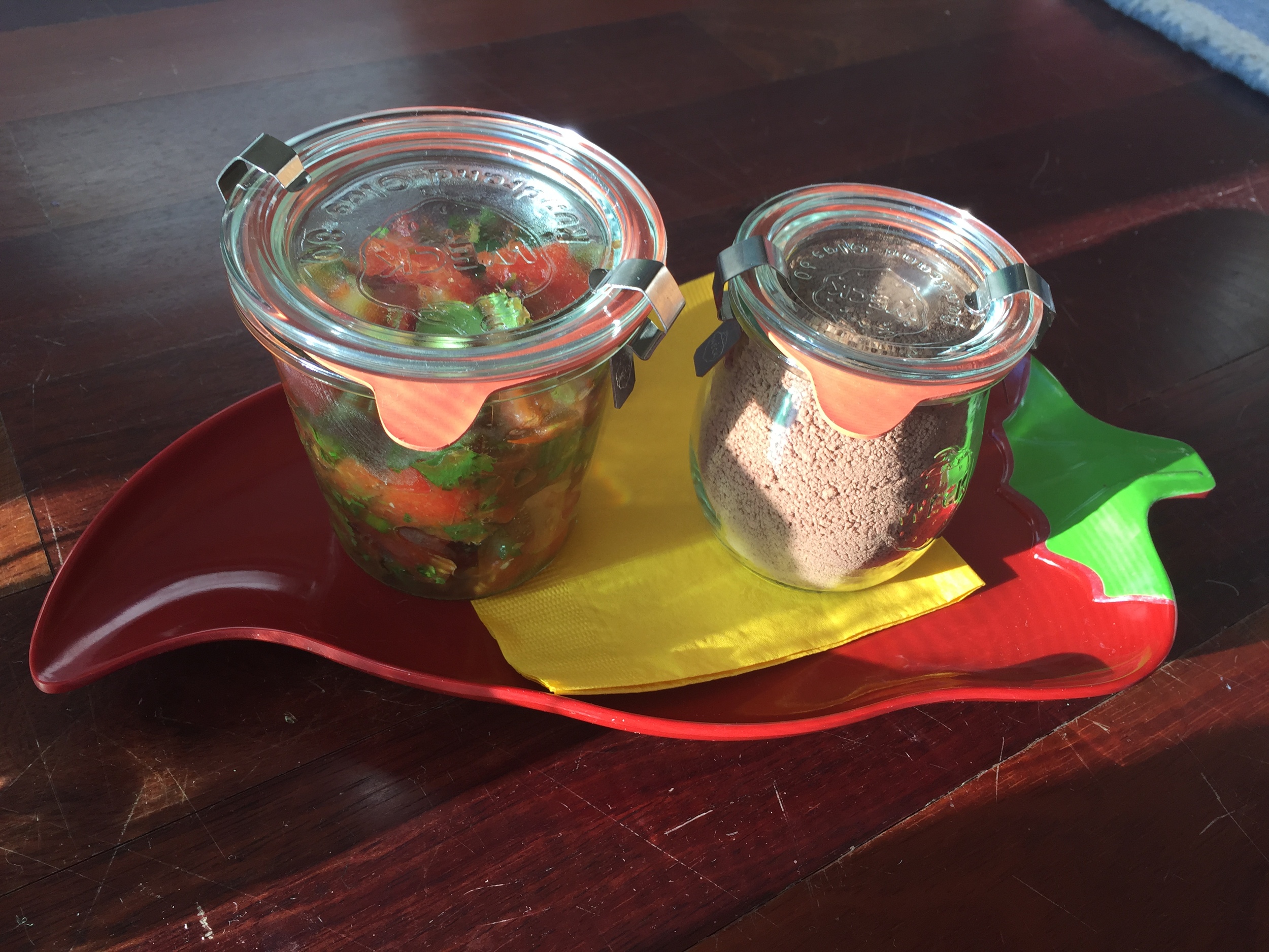 Found these jars at Sur la Table. You can give one container of each pinch - one of salsa and one of the Mexican Coffee ole mix. Tie a note with ways you like to enjoy each item. be sure to include on the note that you made them. Or you could give a…