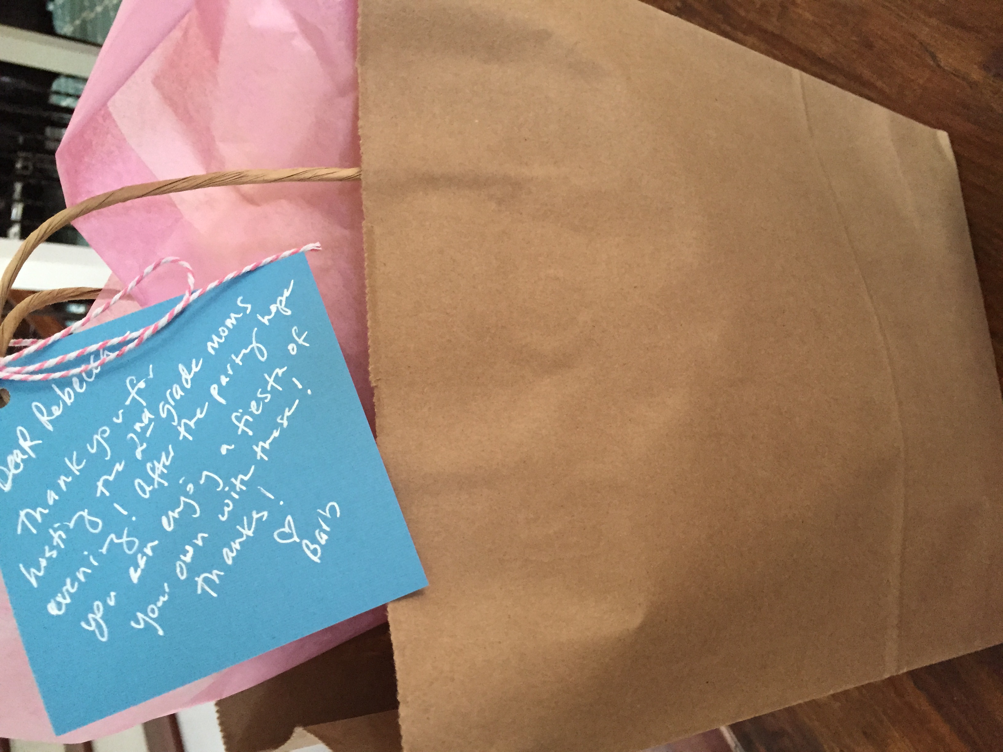 My friend, Rebecca, hosted a Monday NIght event with another friend, Meredith. I added a note to the bag to tie it all together.