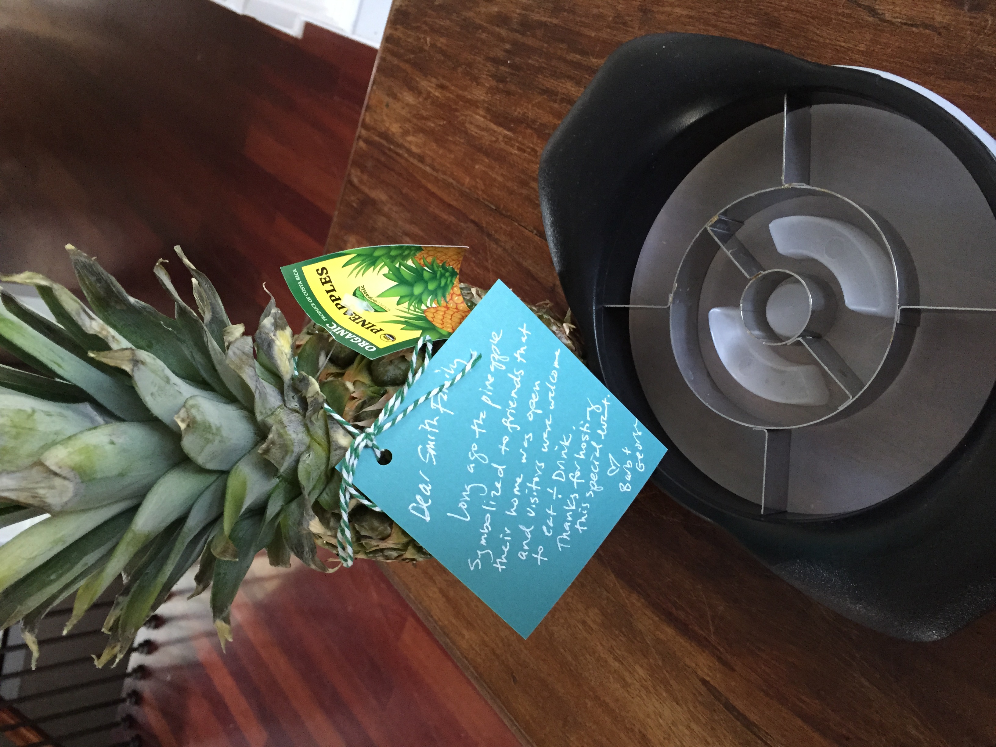 Legend has it that sea captains of New England would return home from sailing the Caribbean Islands and would spear a pineapple on a fence post outside their home to let their friend know they were safely home. The pineapple was an invitation for the friends to visit, share his food and drink and listen to his tales of his journey.