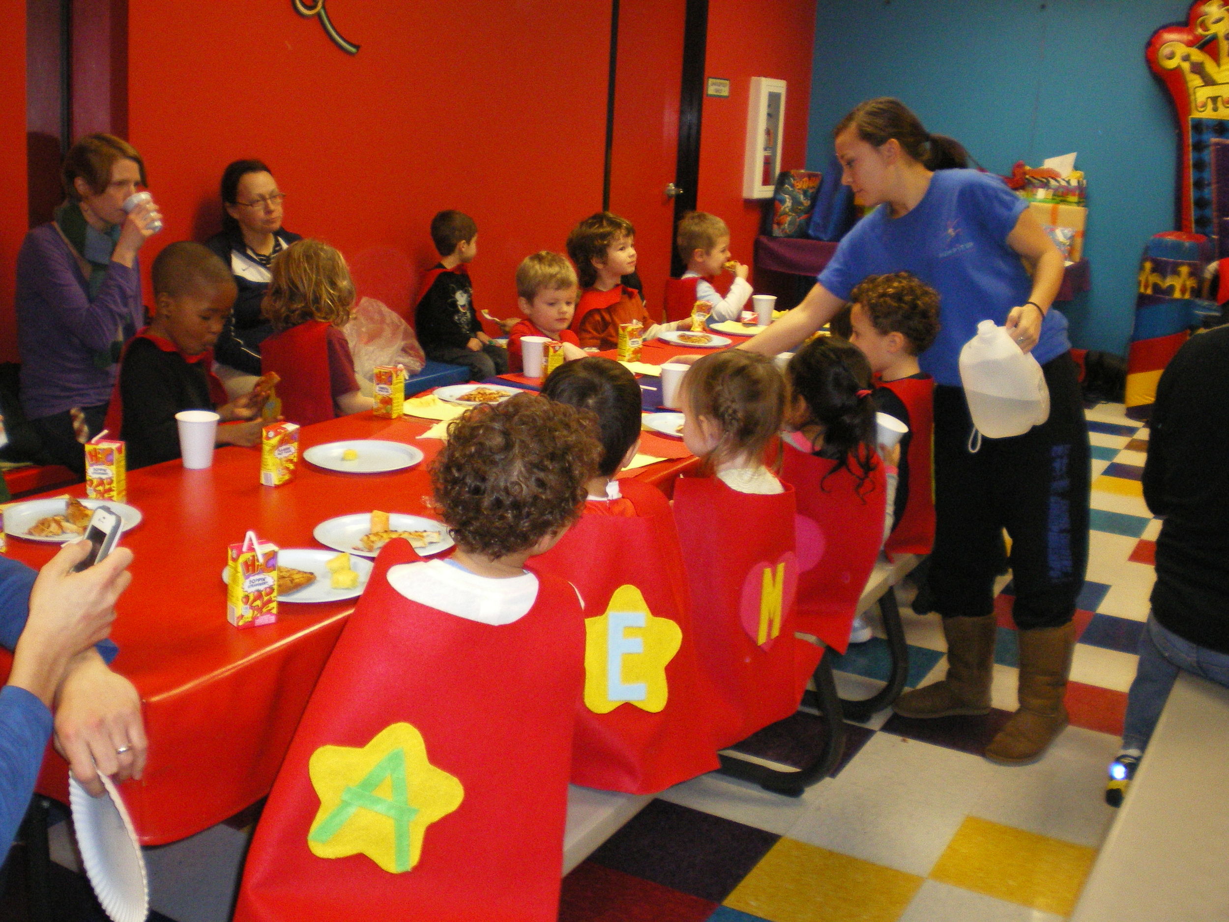 Capes made out of Felt, glue and velcro. Cost per cape came out to approximately $4 each and the mask was less than a $1 each = under $5 per child. My kids still use their capes when evil exists and saving the universe is a must.