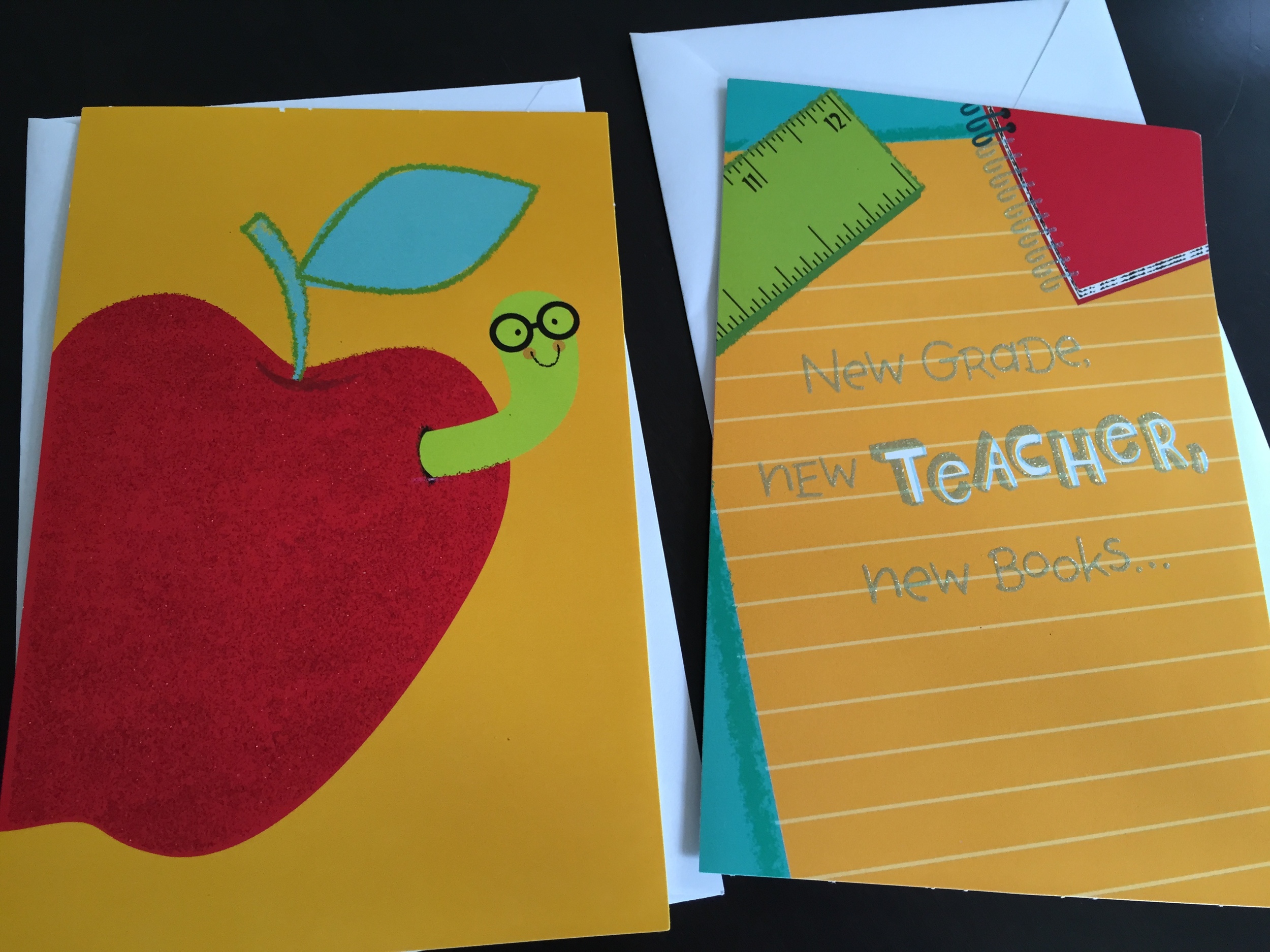 Because these cards run out fast, I already bought my kids their cards from Dollar Tree (my kids start school on 8/25 and 8/27). I will give the cards to them in the morning but will write a little something about the day or week on the inside cover to commemorate the day.