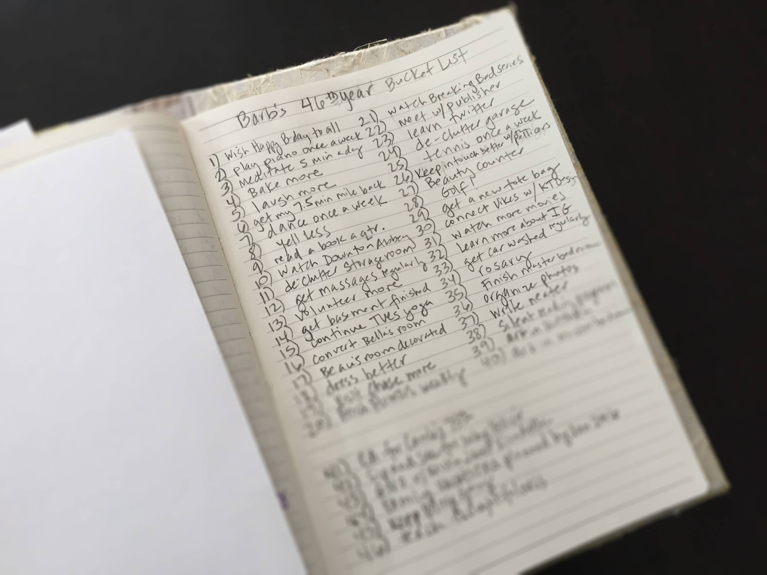 Some examples of my "you-call-that-a goal?" goals are: floss, juice regularly, buy flowers, use my video camera, read a magazine cover to cover. Plenty of my goals are repeats for sure like: yell less, dress better, sleep 7-8 hours, laugh more, get massages regularly, run a 1/2 marathon, get published, organize my photos.