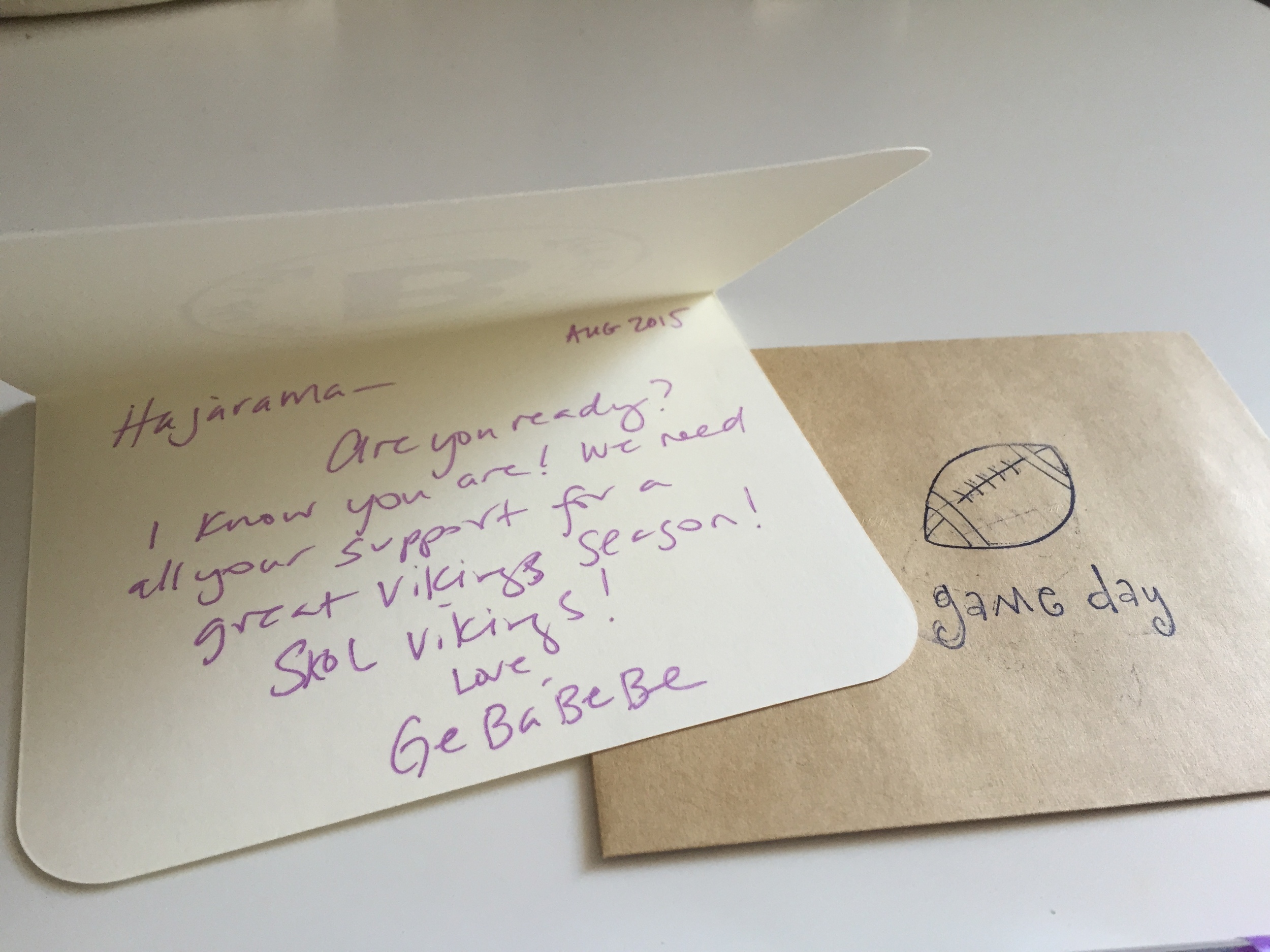 I sent flavored licorice (some purple grape and some "supposed to be yellow but was beige" pina colada), a bag of football shaped pasta and a note to encourage our family to cheer the Vikings on! Skol!