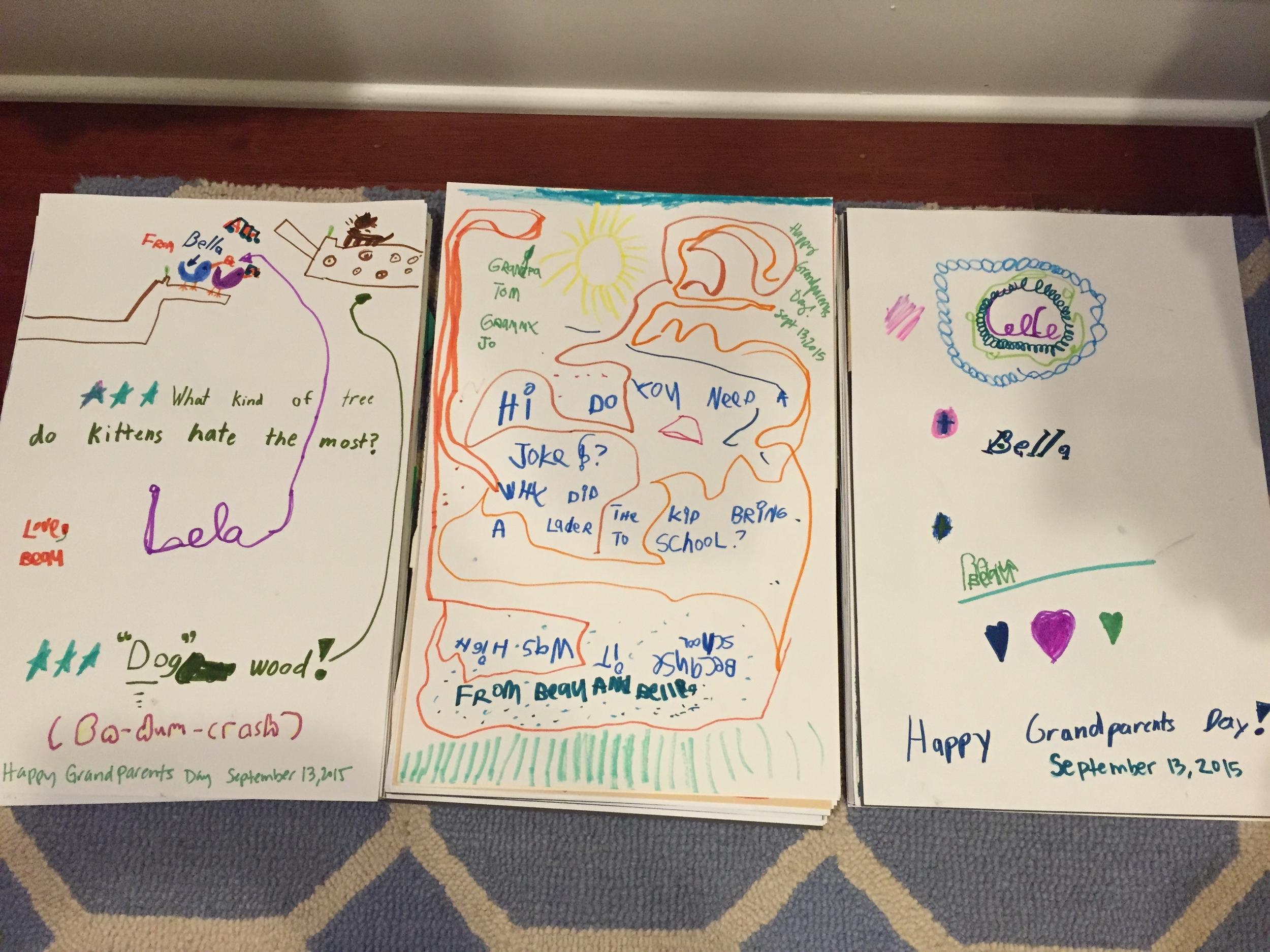 The final products - One for Lola with a joke and a "Ba-dum-crash" after the punchline is delivered. One for Grandpa Tom & Grammy Jo, also with a joke but the punchline is revealed upside down. And one for CeCe with colors and esthetics solely based on the names on the markers.