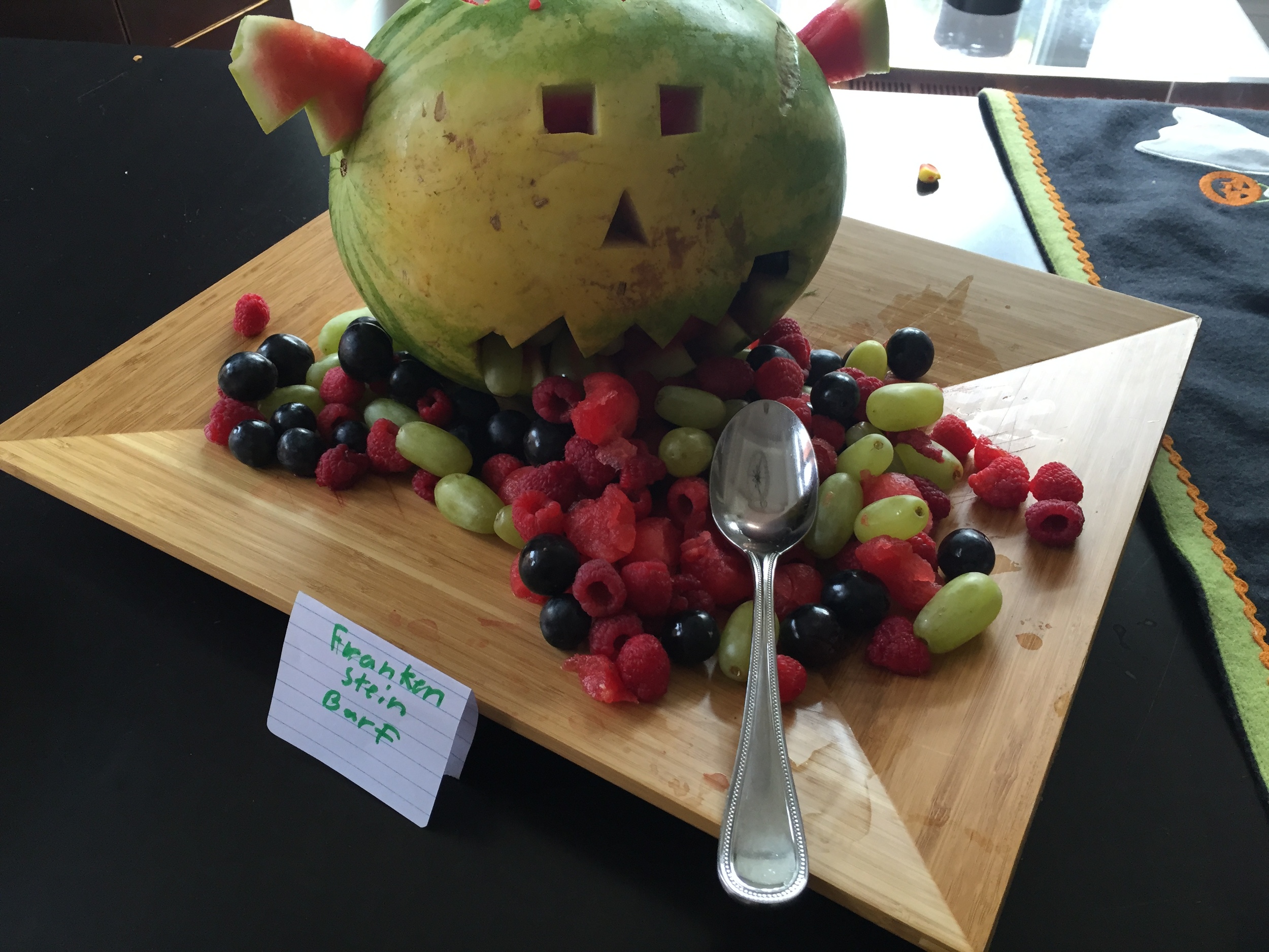 Family Fun magazine idea. My daughter added the description: Frankenstein Barf. Appetizing? Watermelon $5.99. Fruit from Costco $4.99 and $6.59. Apple Cider $5.99 for 3 half gallons.