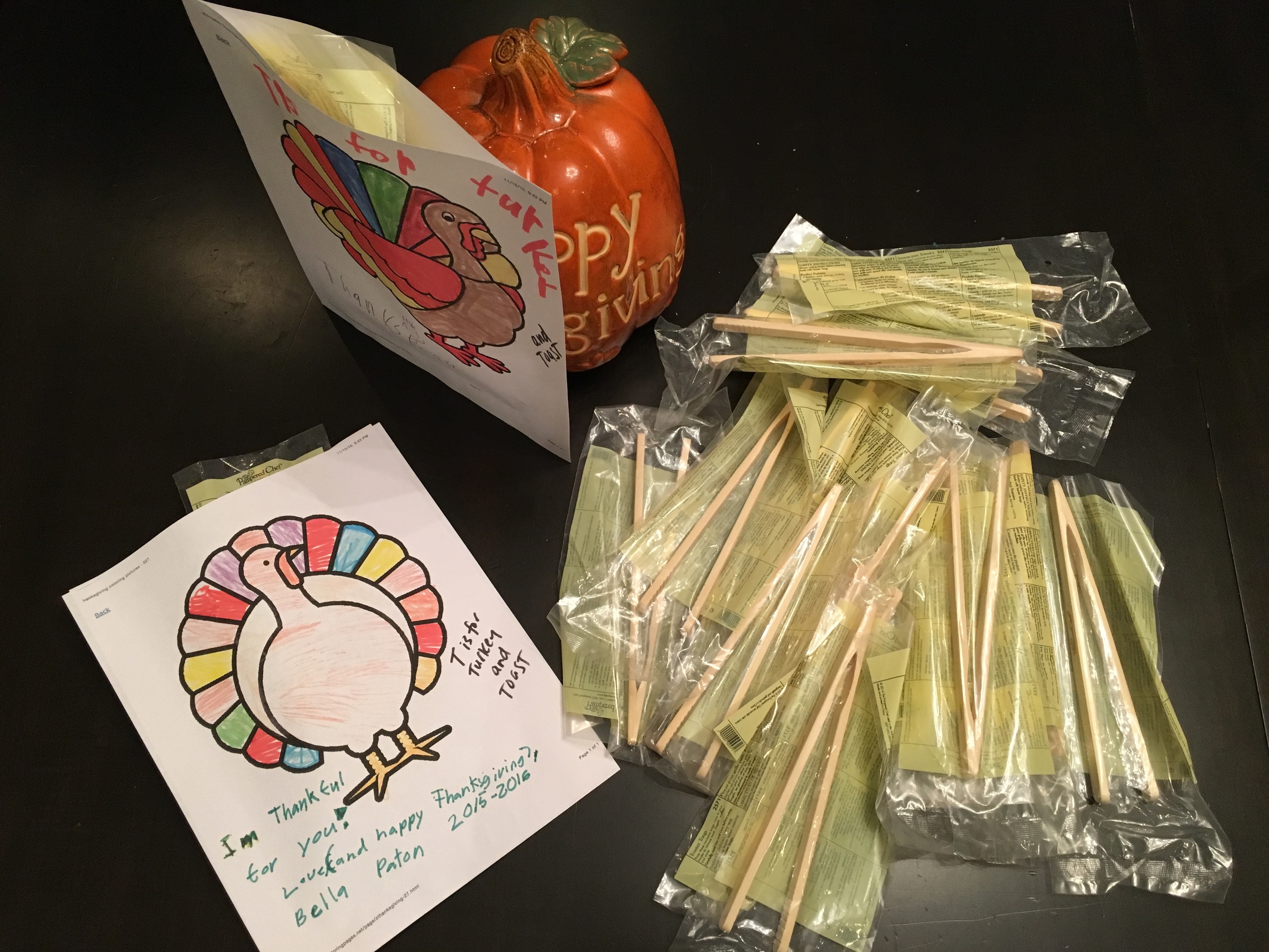 This is how we are presenting these pinches: My kids colored their turkeys, wrote thank you and signed the sheets. We made color copies and glued three edges to a blank sheet of paper. Then we popped the tongs into the "envelope". Maybe we'll add a …