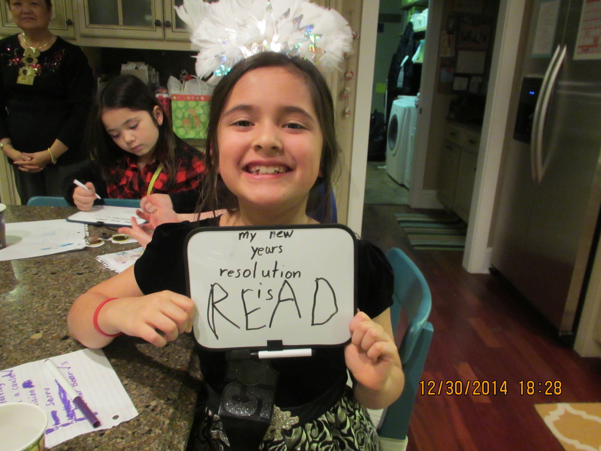Like mother, like daughter, she can't pick just one resolution so she picks three. But this one is funny because she already reads non-stop!