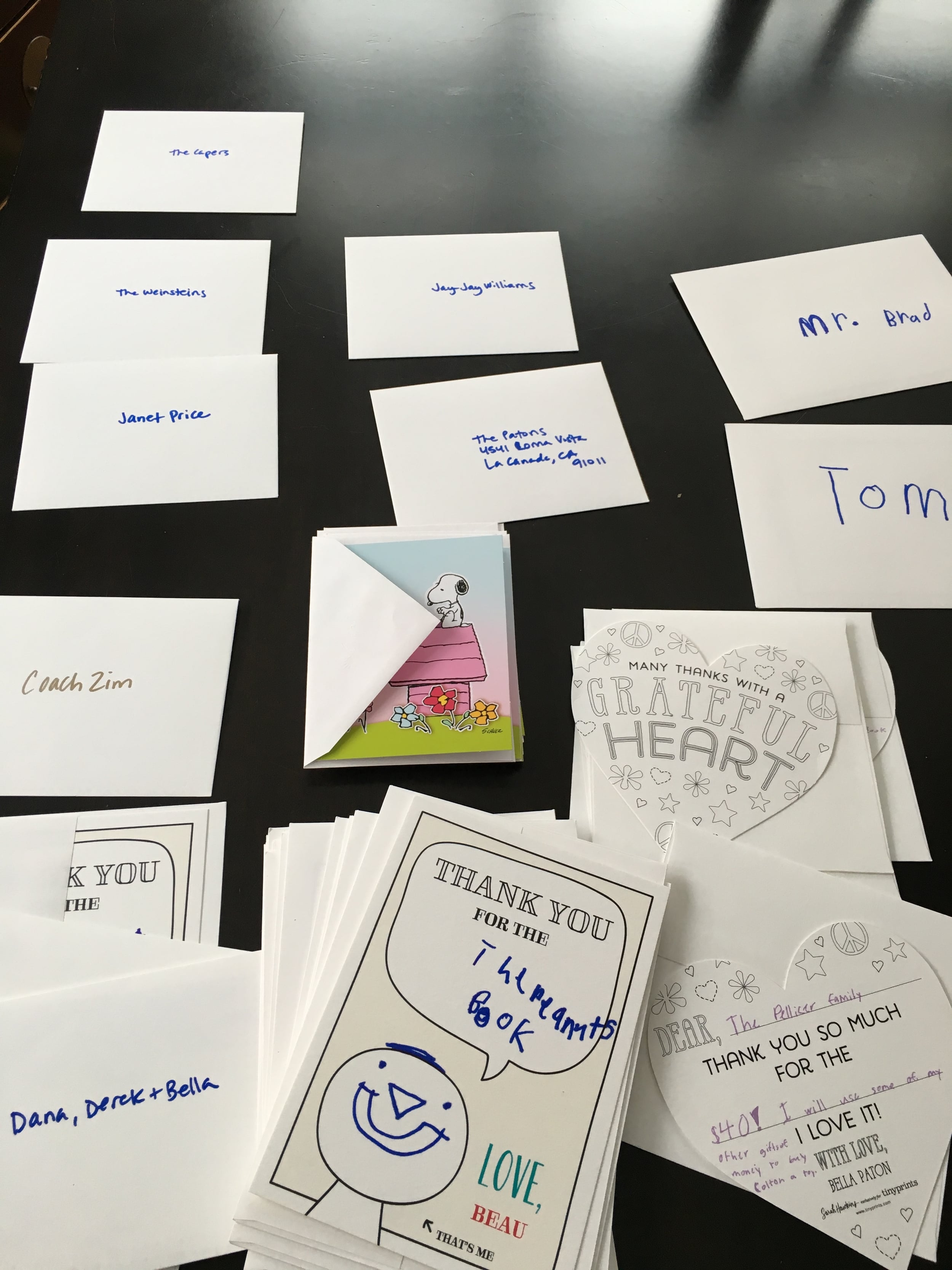 When everyone was ordering their holiday cards I also ordered these thank you cards for super cheap from Tiny Prints. My son's have a "draw your face" feature and my daughters are the kind she can color. For her birthday, I gave my daughter a Snoopy stationery set that are blank inside and included Peanuts themed postage stamps. Perfect to use for any occasion. 