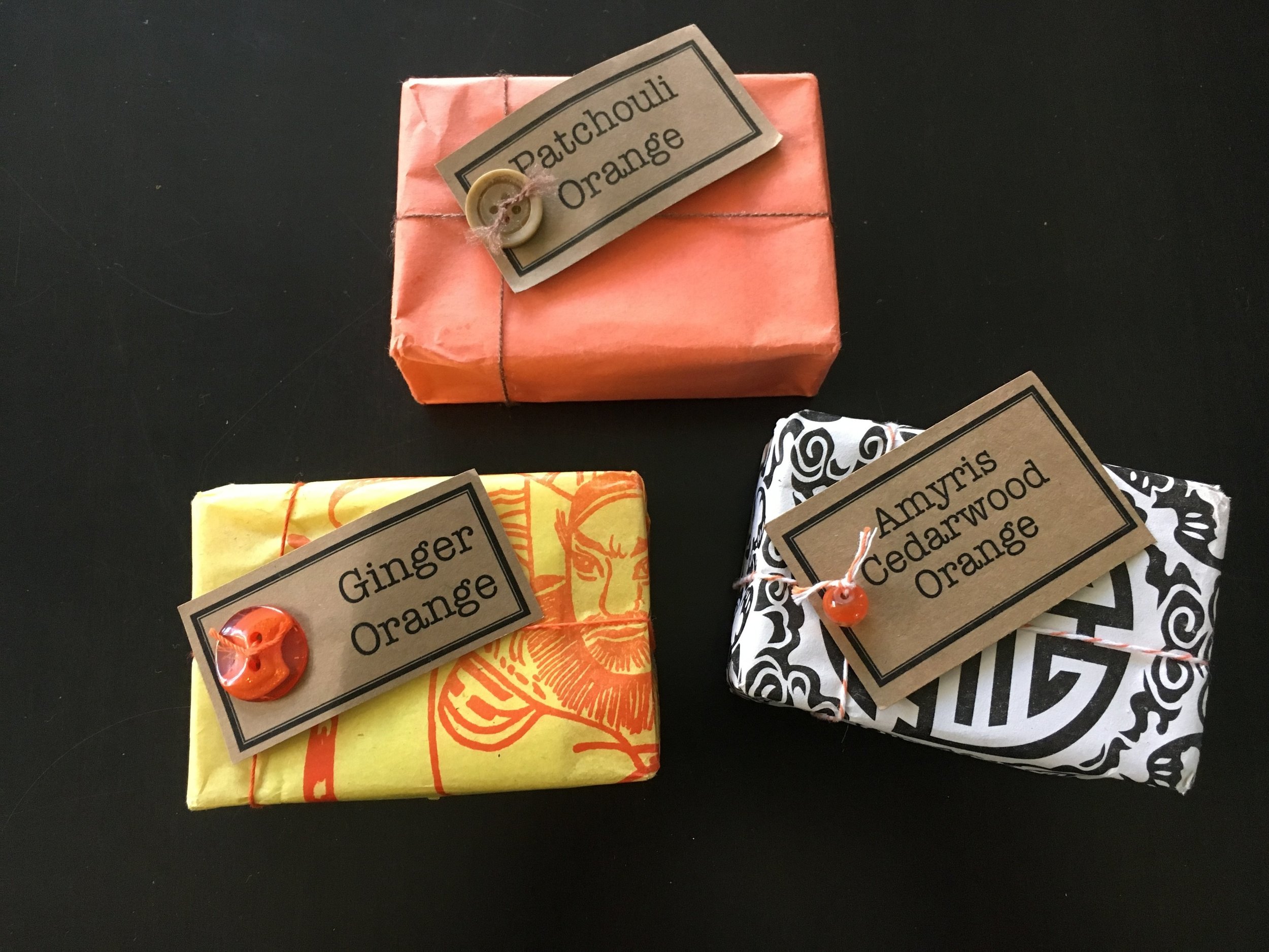 I bought these locally made soaps at a local store called Hunt & Gather. At first I was attracted to the colors of the packaging but when I read the ingredients and learned about the scents, I was hooked. These bars of soaps make a nice, kinda pricey (but we're supporting a local business), non-food thoughtful pinch for my wonderful neighbors. So even if their feet were smelly, they won't be for long!