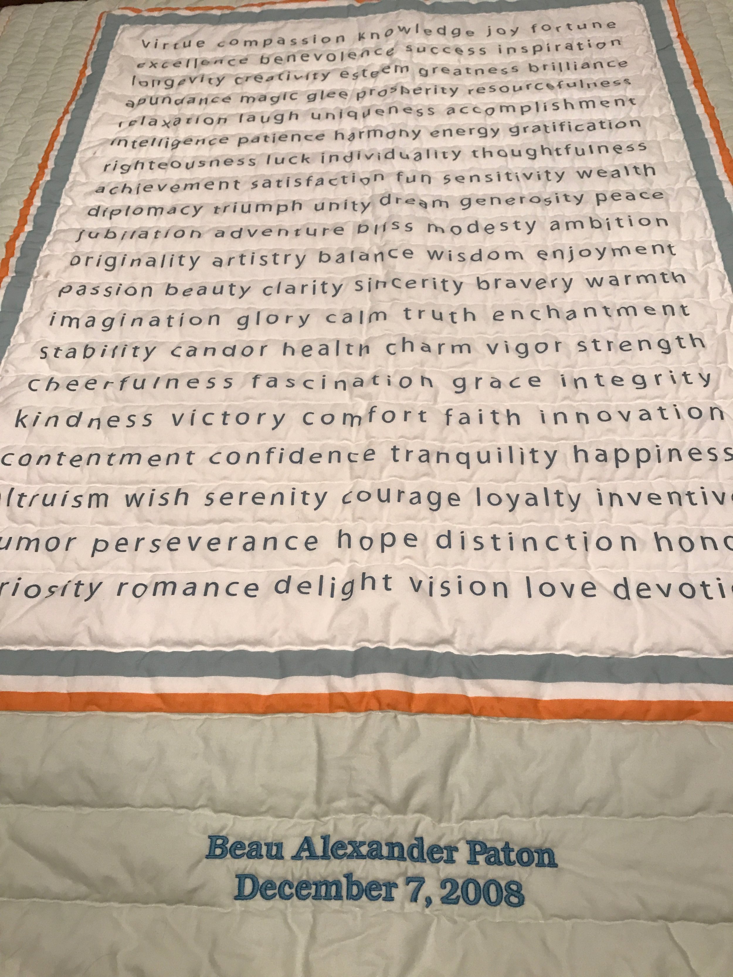 This quilt hung on another wall in my son's room. I remember when I nursed him, I would read the words out loud and hope that he was listening. This was a generous thoughtful pinch from his Godmother, Pauline. 