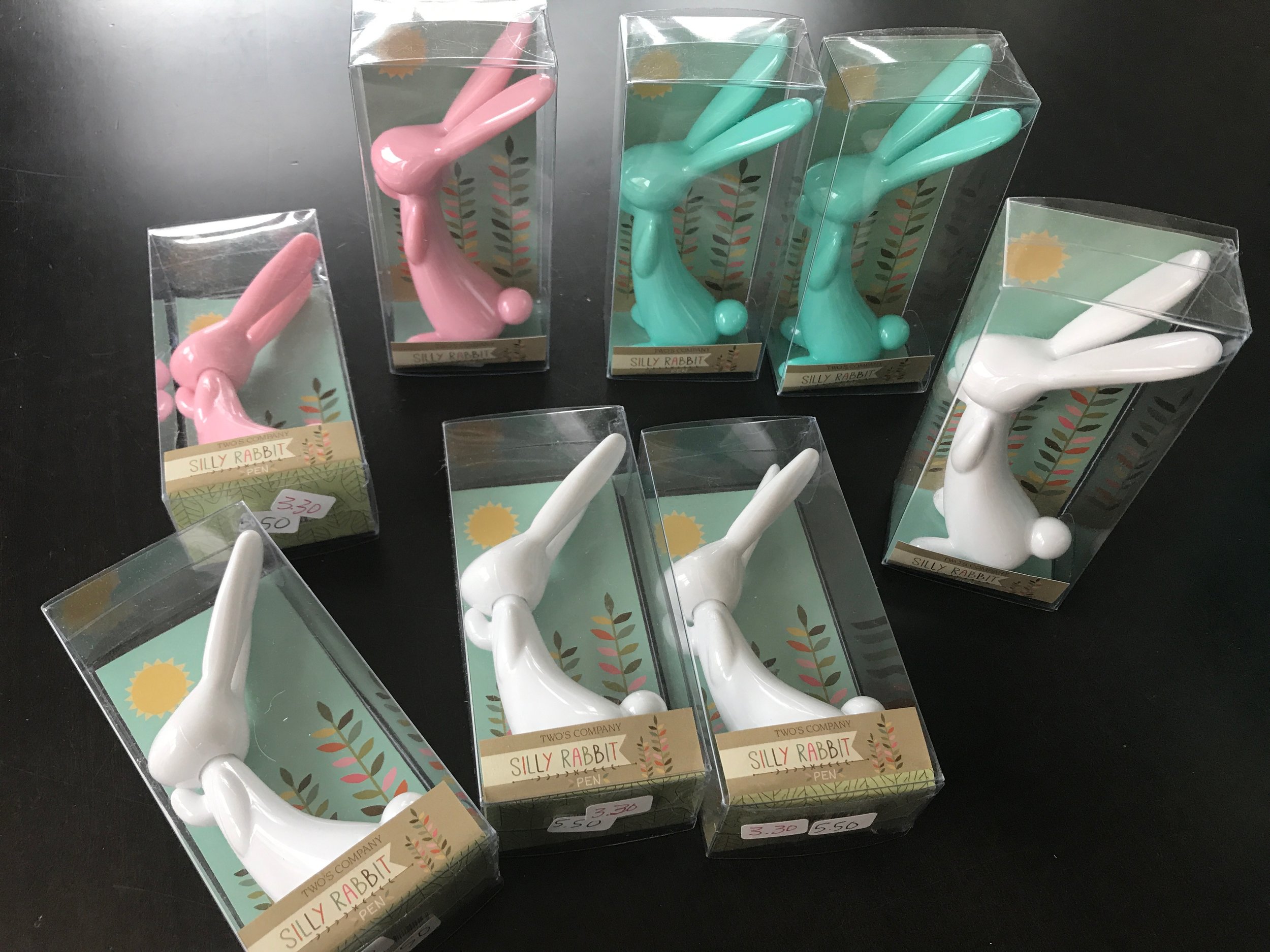 These bunnies are thinking about being thoughtful. Cute pens that I bought on sale at Kiddywampus.