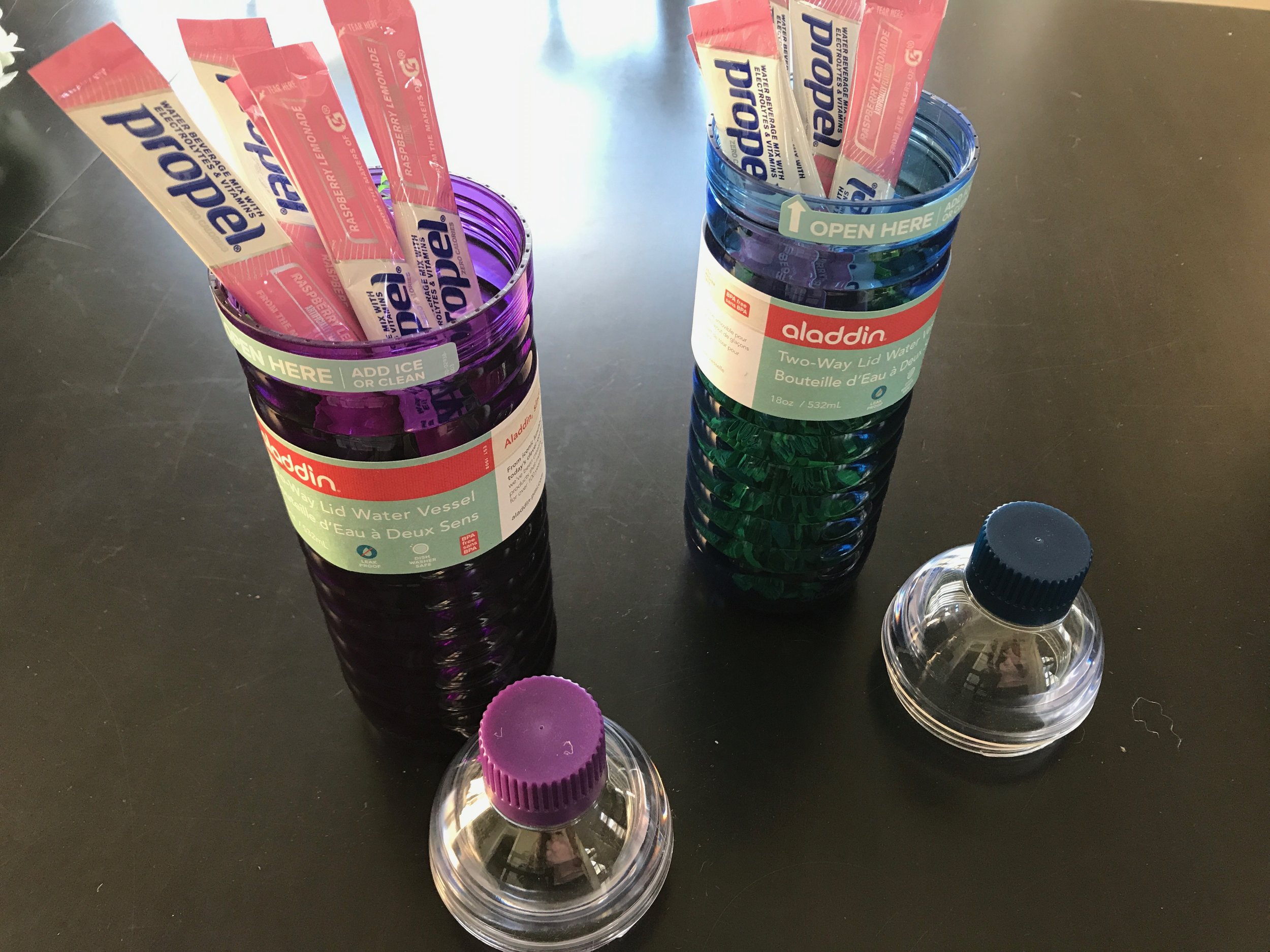 I love how these come in different colors so there is no confusion on the ownership of these bottles. A bigger bonus - they are BPA free. Hajarama picked these up at TJMaxx and added Easter grass and Propel packets to sweeten up the water. Very thou…