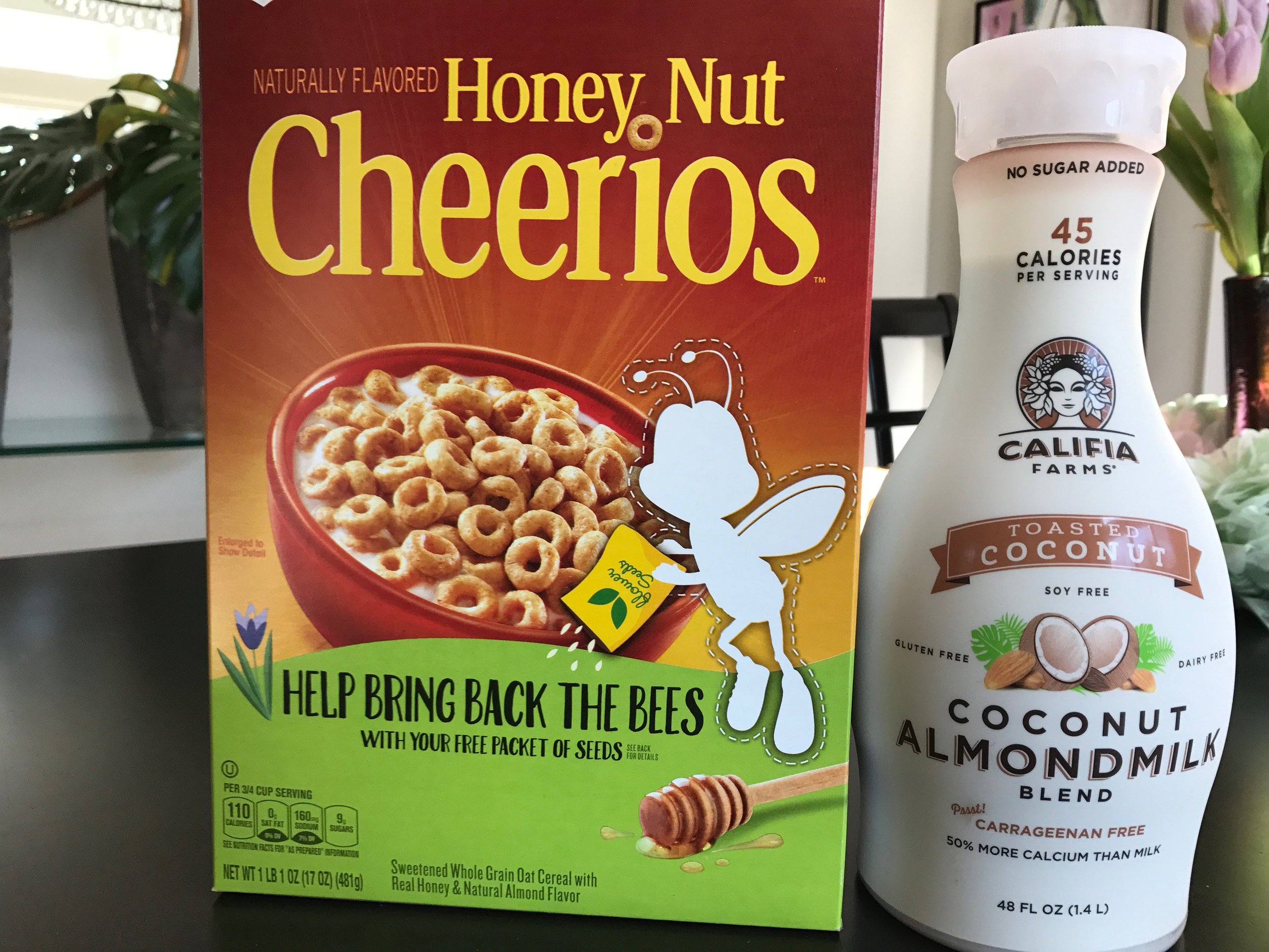 Lately my breakfast routine has been 2 bowls of either coconut milk and Kellogg’s Rice Krispies or Honey Nut Cheerios and coconut/almond milk blend. Yum!