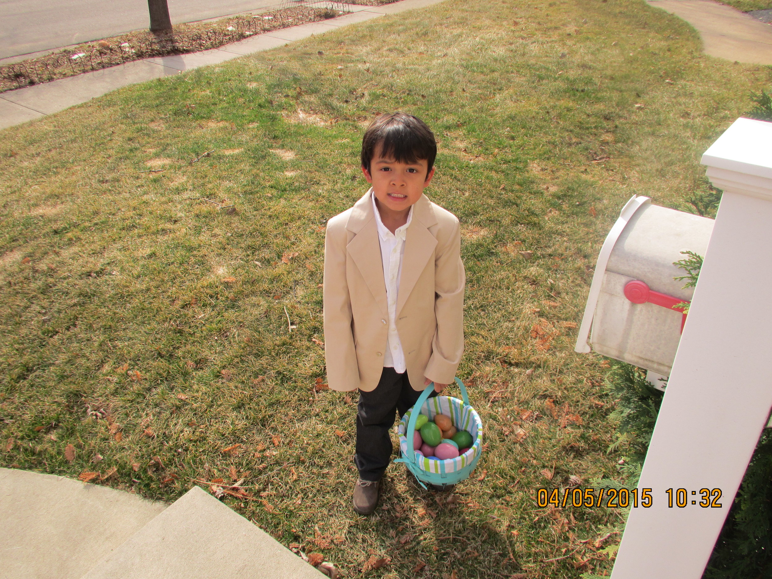 Instagram Message: The suit we bought this year will fit him much better. Beau's thrilled to find eggs this Sunday. Check the blog and find out what's inside them.