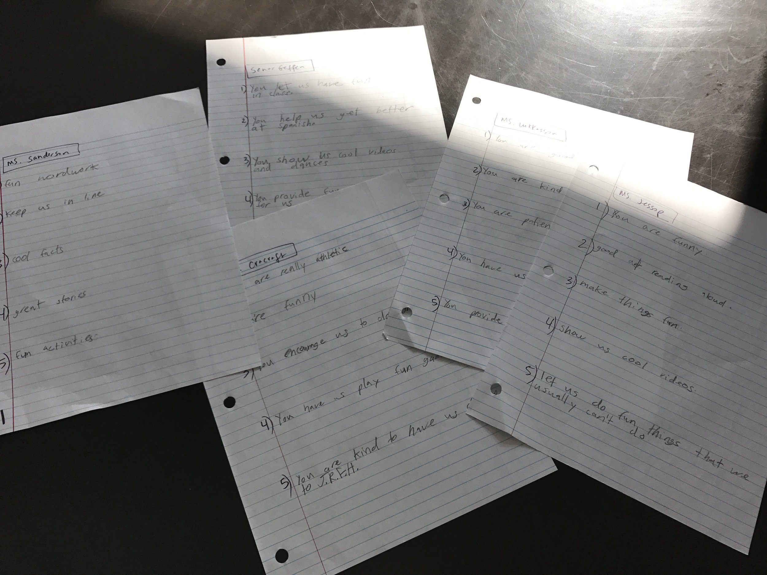 Bella's rough draft, bullet points referring to her teachers. She will elaborate when she types up the compliments. 