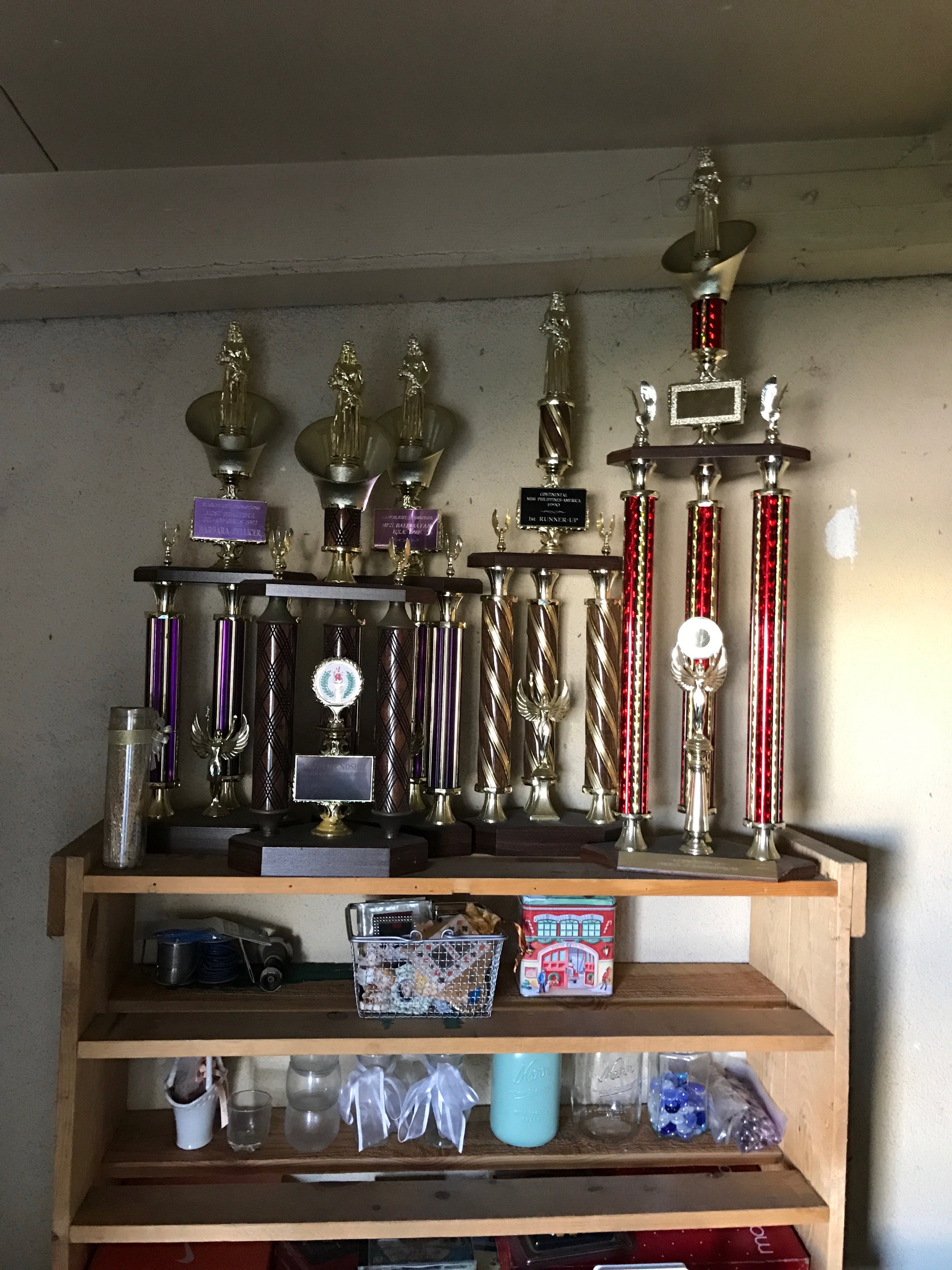 My mom held onto my pageant trophies for over 25 yrs. We took a picture before tossing them into the trash. Bye, bye!