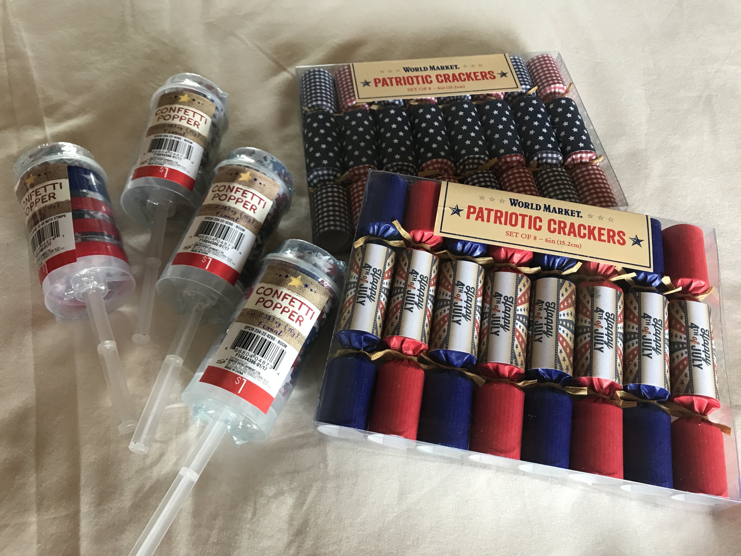 Confetti Poppers are from Target and Crackers are from Cost Plus World Market.