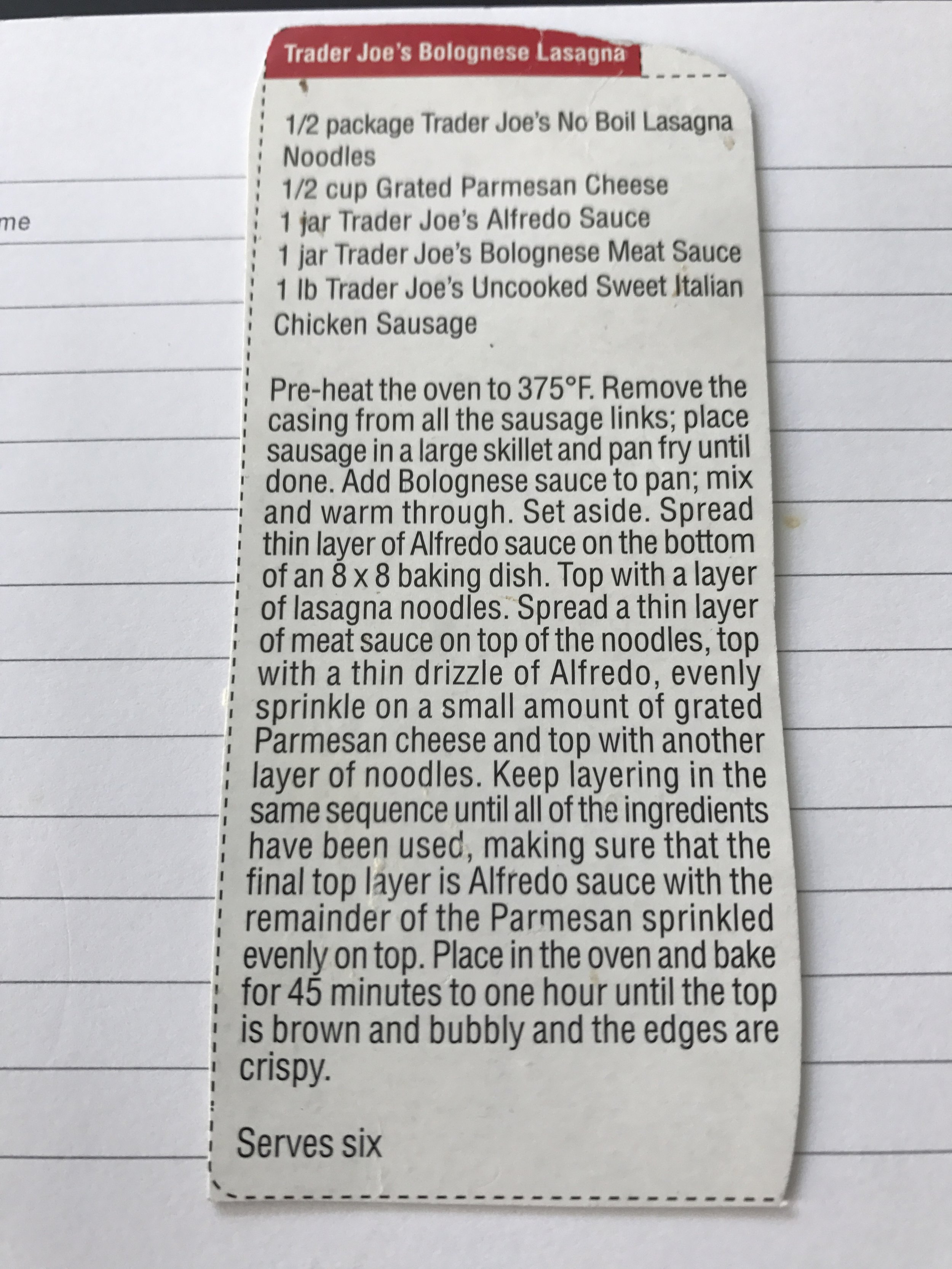 I use uncooked sweet pork sausages instead of chicken because our Trader Joe's does not sell sweet chicken sausages. And I use more than a 1/2 cup of parmesan. this recipe is so easy that I never want to give it out. But in honor of Lasagna Day...