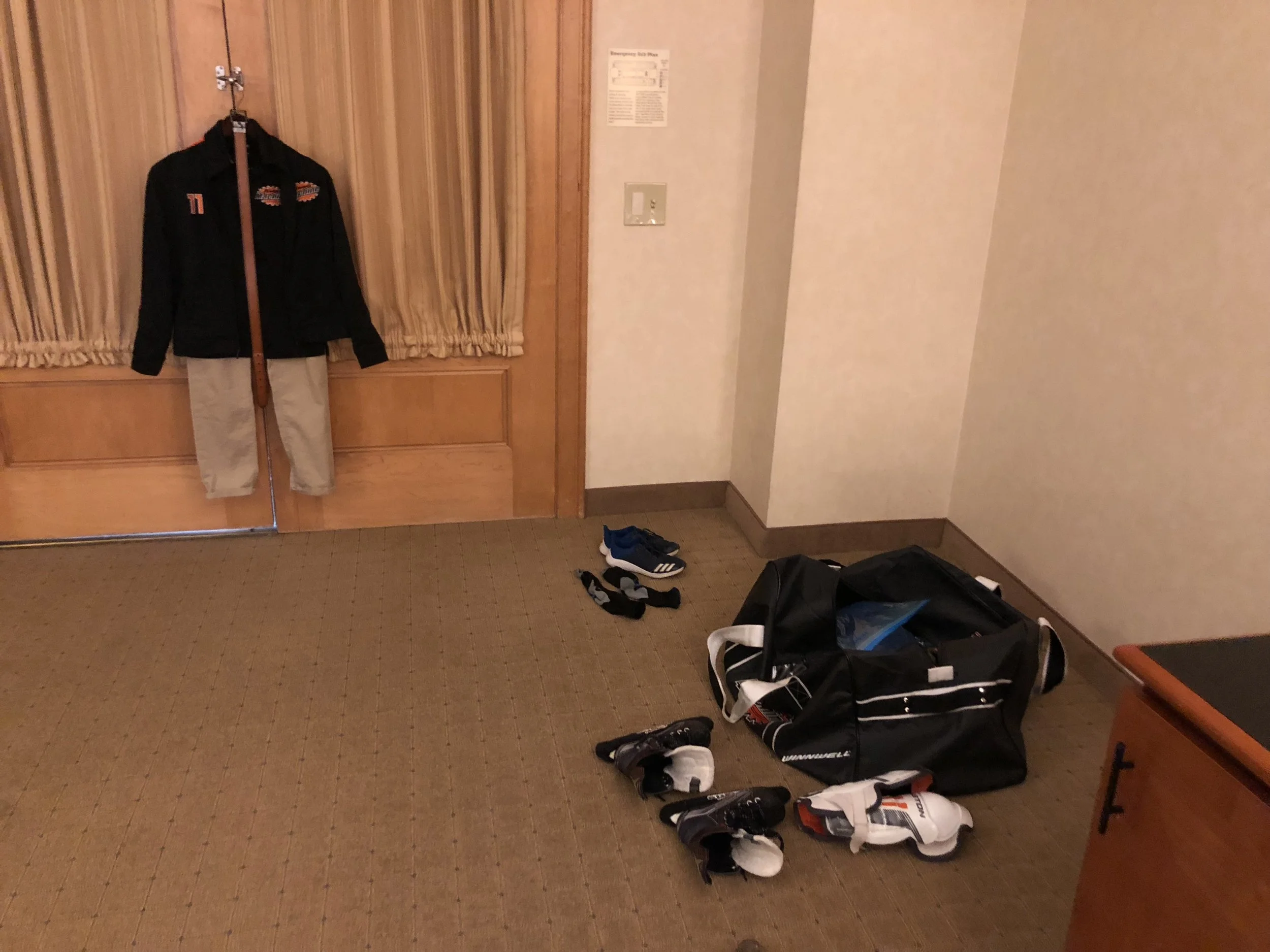Then I would hang up the outfit required to wear to/from games. And before we left the room, I would make sure every item was in that bag before heading out. All my son had to do was pack it and carry it.