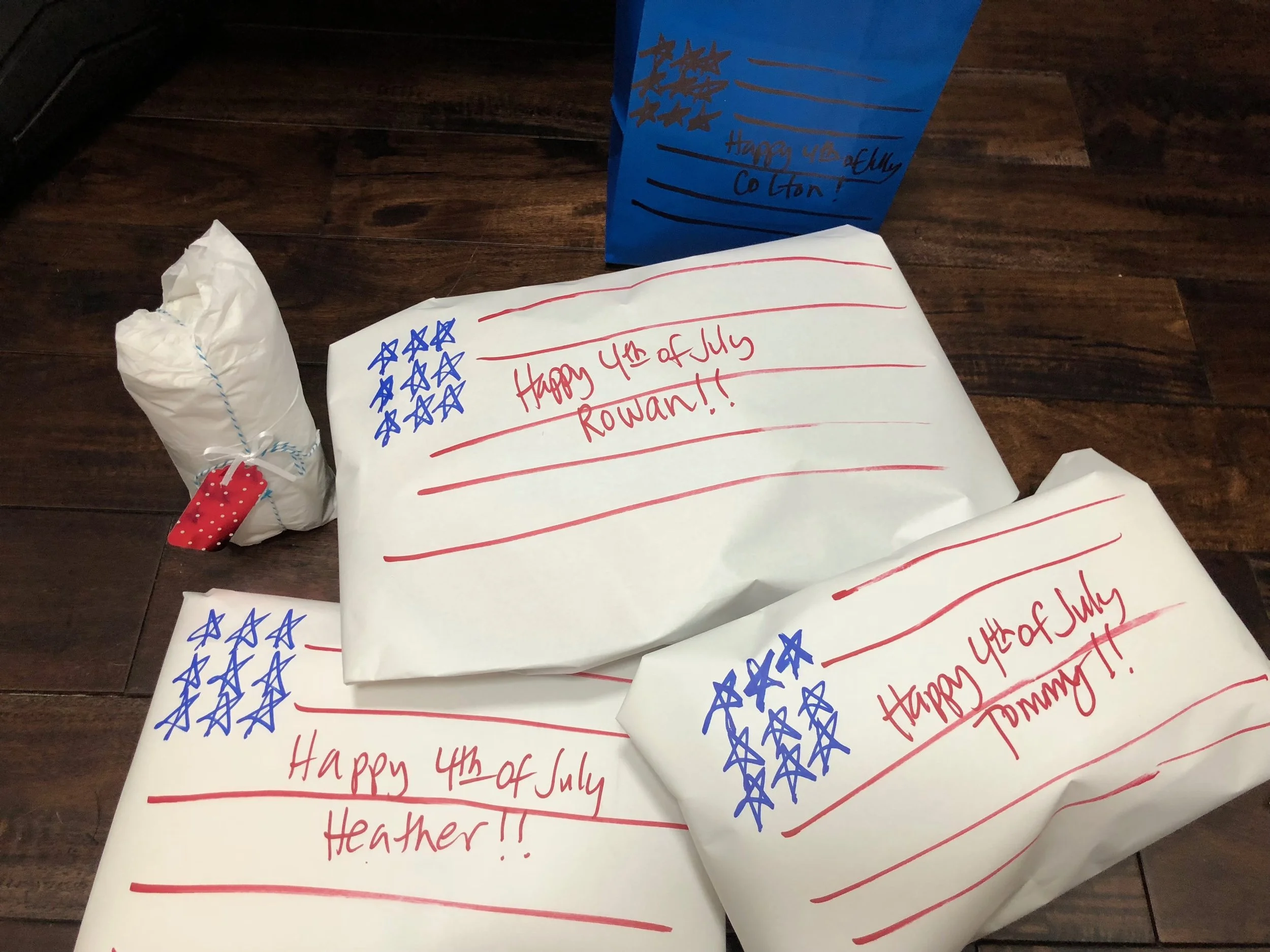 I wrapped my pinches in white paper and quickly turned them into a flag-like pattern with red and blue sharpies. 