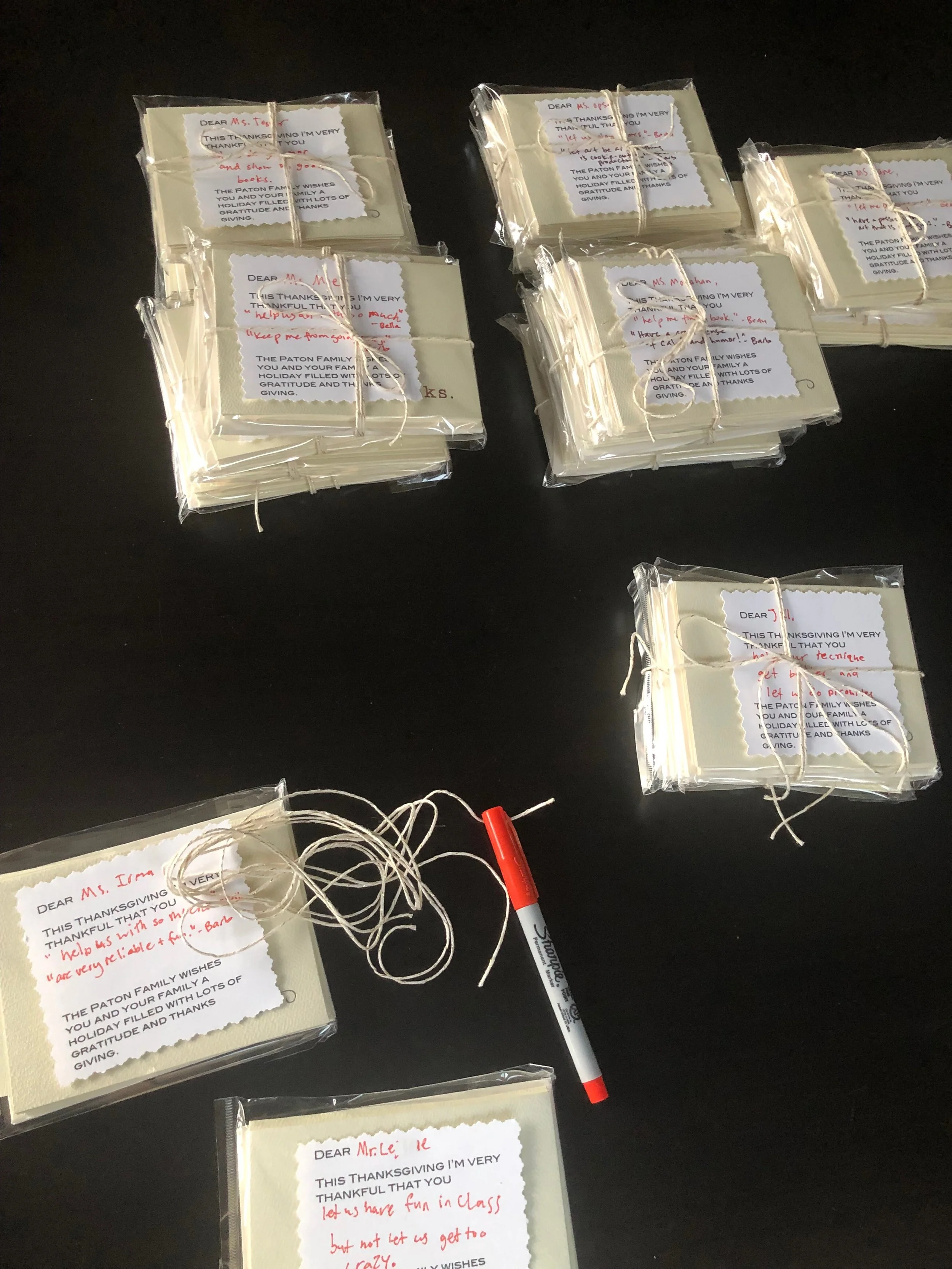 We wrote notes on card stock, and kept the presentation very simple with only twine wraps. I used White Out to cover up $1.50 instead of taking the time to peel off the price tag sticker.