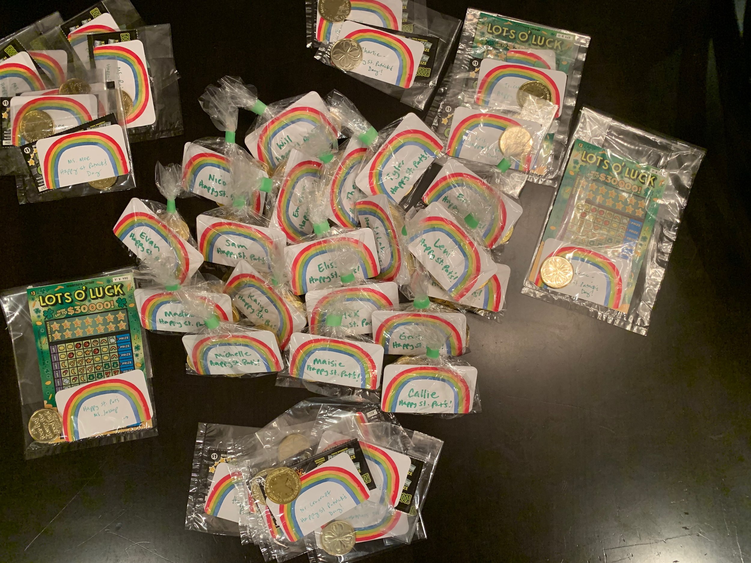 Not only did we use the rainbow cards for the non-St. Patrick’s Day themed lottery tickets, but we used them for my son’s classmates. I found chocolate gold coin replicas. We gave each classmate a pinch with a card that said, “Here’s your pot of gold at the end of this rain-Beau. You may notice that I did find some “ Lots O’ Luck ” lottery tickets. Each of those cost $3 which is above my $1/per pinch budget so I only bought a few of them.