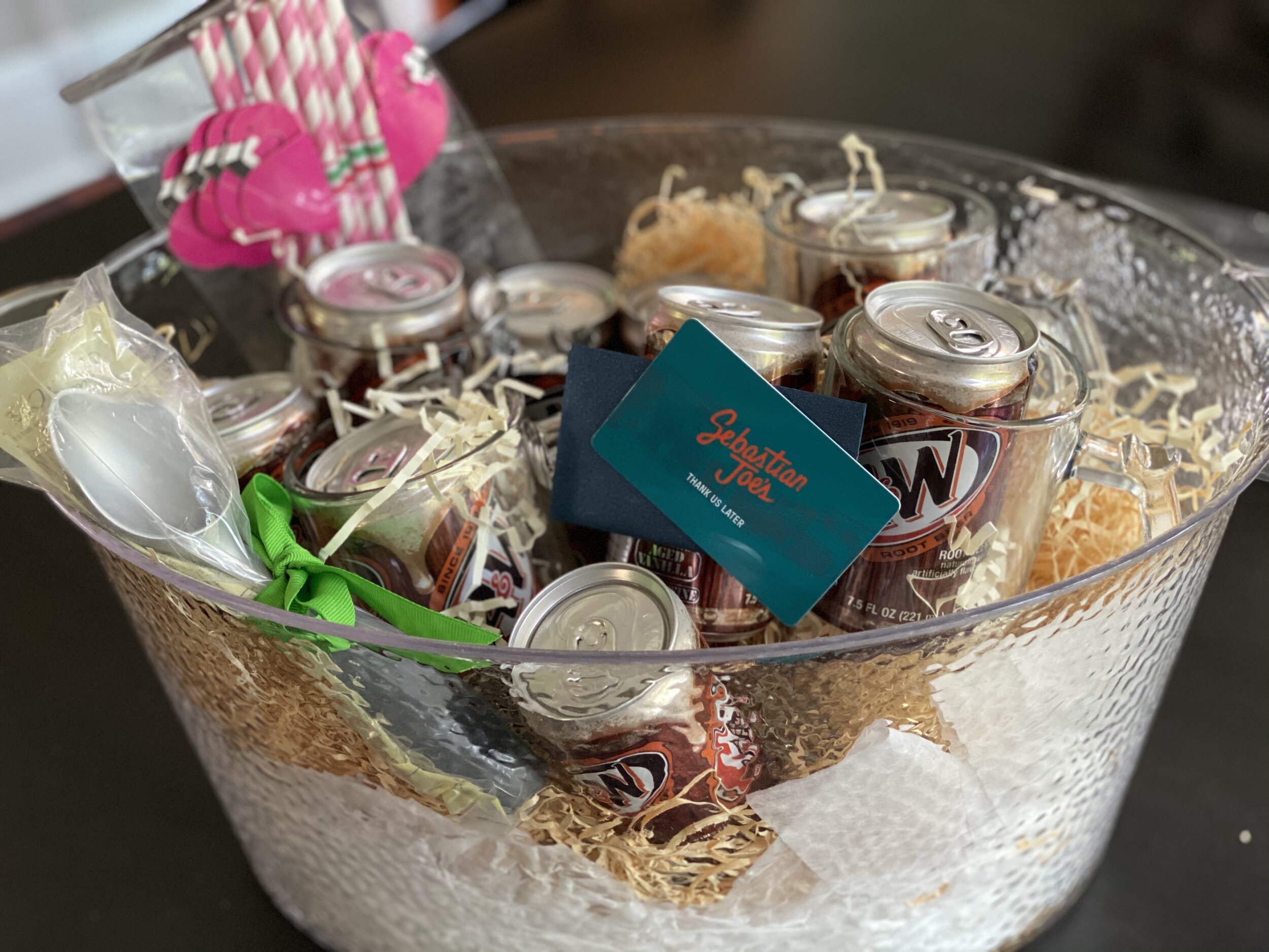 #8. Mack Daddy - This is the root beer float basket that I put together and donated for the YPC fundraiser on July 12th. It contains 4 mugs, drink straws, Pampered Chef ice cream scooper, $50 Sebastian Joes gift card, ice bucket and 10 mini cans of …