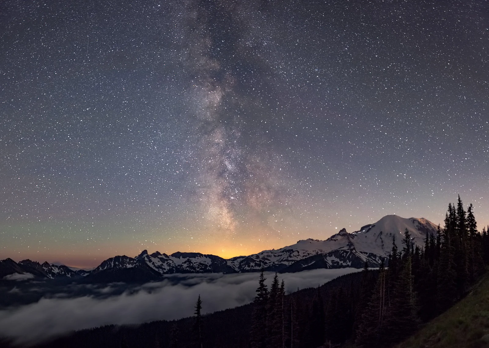 The Milky Way from Mount Rainier National Park. Took this a good hour after the moon set. The large bank of clouds just below Rainier started to dissipate a little.