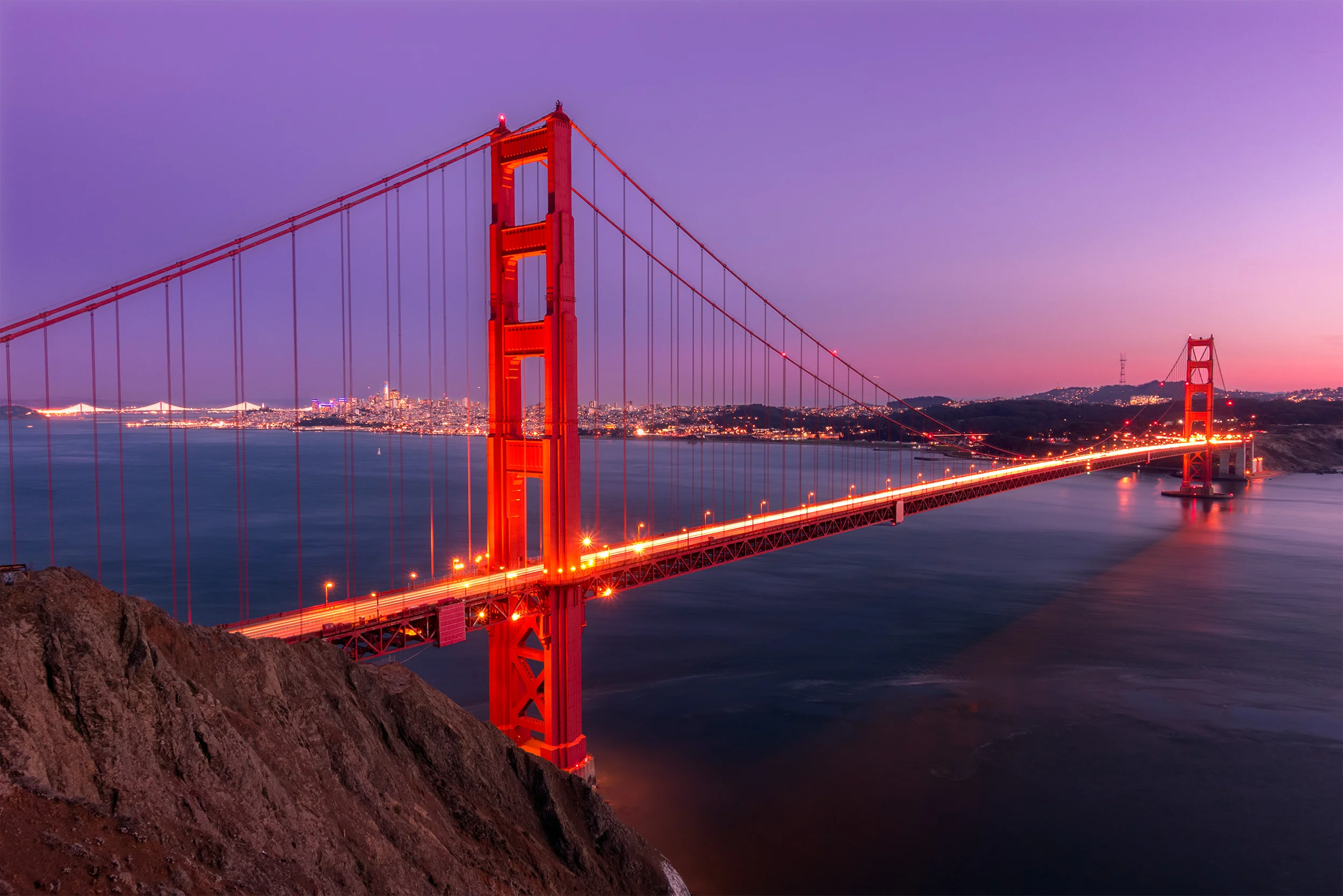 Blue hour and the Golden Gate Bridge, at Battery Point.