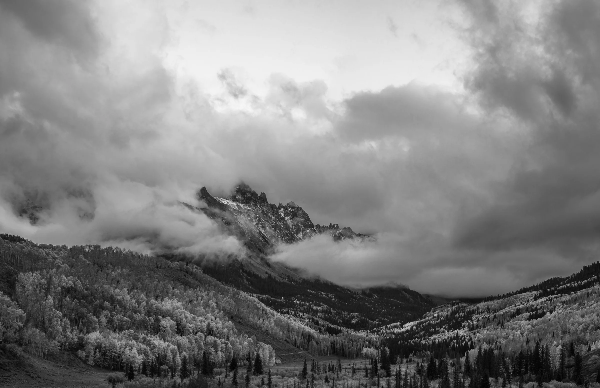 Sunset with clouds sweeping over The Sneffels range.