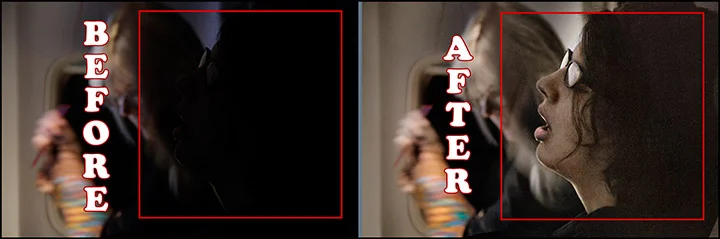 Before & after photo showing Photoshop enhancement of photo of a girl sleeping on plane from Denver to New York. December 2014. (photo © Mark T. Osler. ALL RIGHTS RESERVED.)