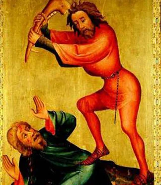 The killing of Abel, detail from the Grabower Altarpiece, 1379-83 (tempera on panel), Master Bertram of Minden (c.1345-c.1415) / Hamburger Kunsthalle, Hamburg, Germany