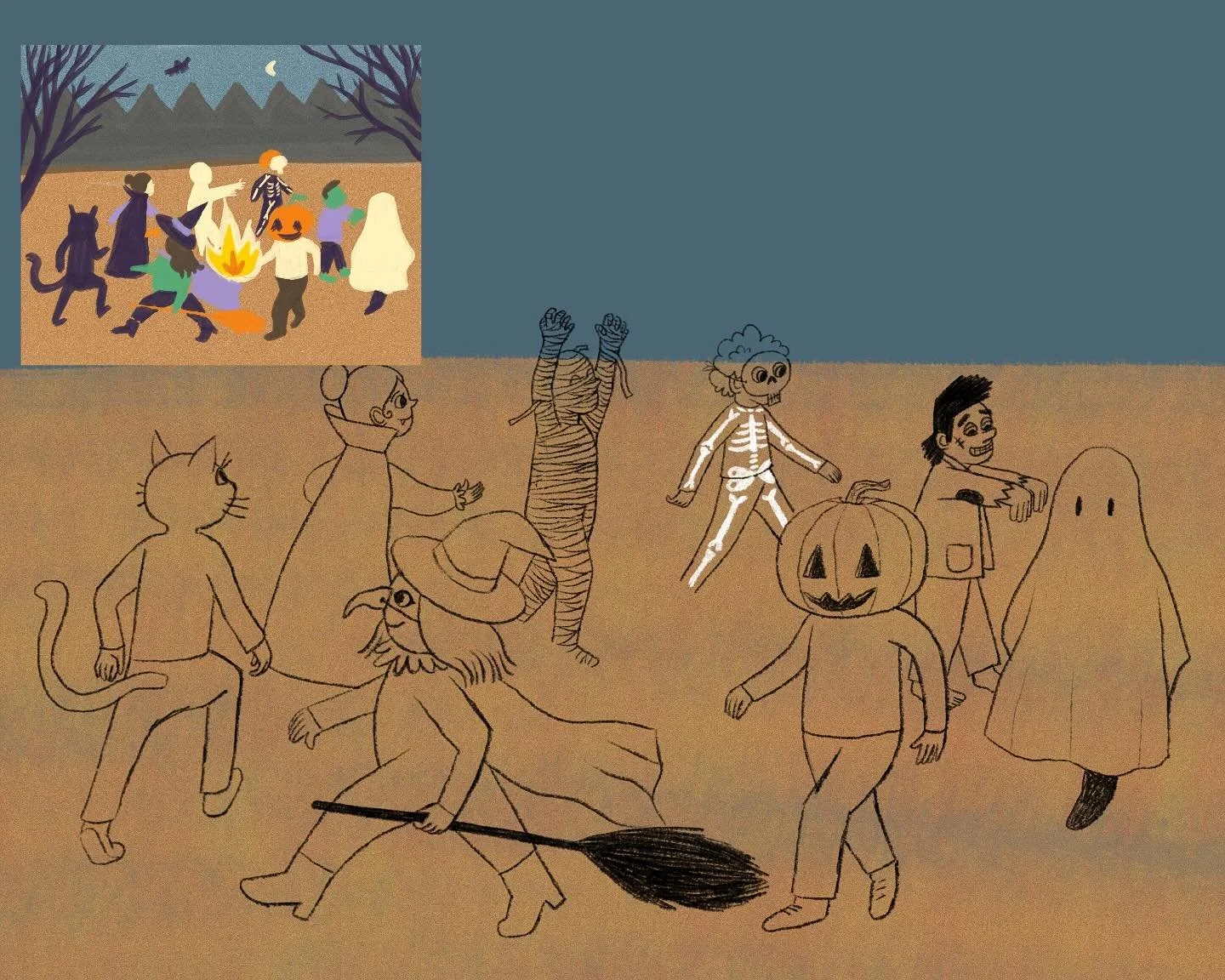 Sketch and color study prep work of a Bonfire piece I&rsquo;m working on for Halloweeeeeeeennnn
👻🧛&zwj;♀️🧪🎃🐈&zwj;⬛💀🪦🦴🧙&zwj;♀️🧹🔮🧟&zwj;♂️🔥

@luddingtoncreative #luddingtoncreative 
#illustration #kidslit #childrenbookstagram #childrenbooka