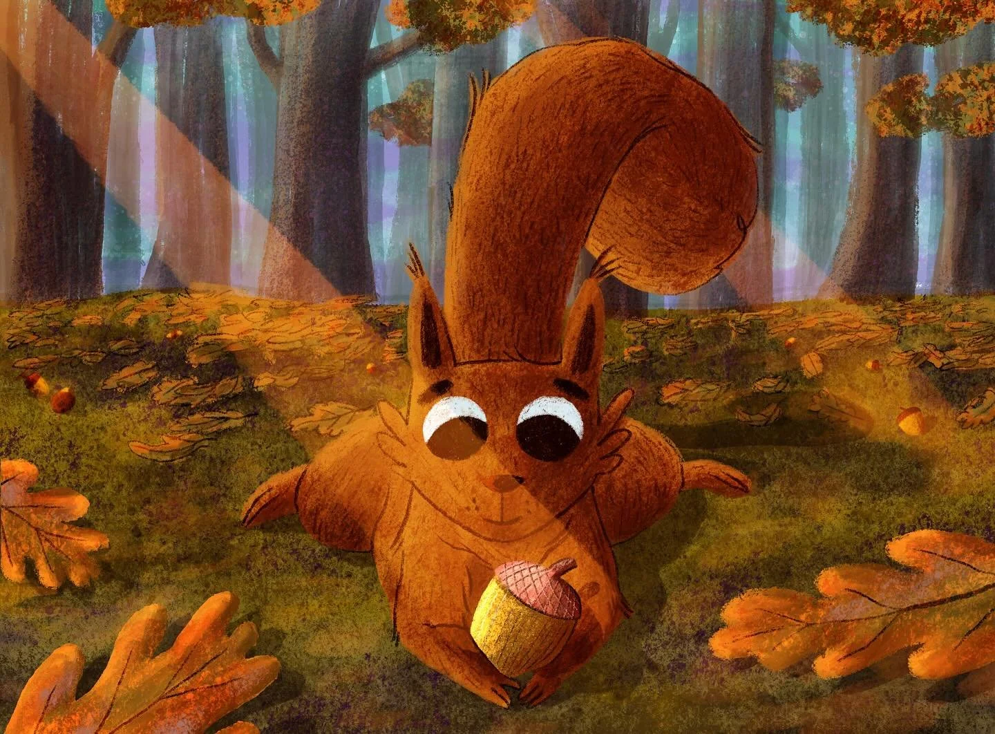 You ready? It&rsquo;s harvest season 🤓
I truly had fun drawing this piece! 
🧡🍁🍄&zwj;🟫🐿️🌲🍂🧡

@luddingtoncreative #luddingtoncreative 
#illustration #kidslit #childrenbookstagram #childrenbookart #harvest #squirrel #squirrellife #autumnal #its