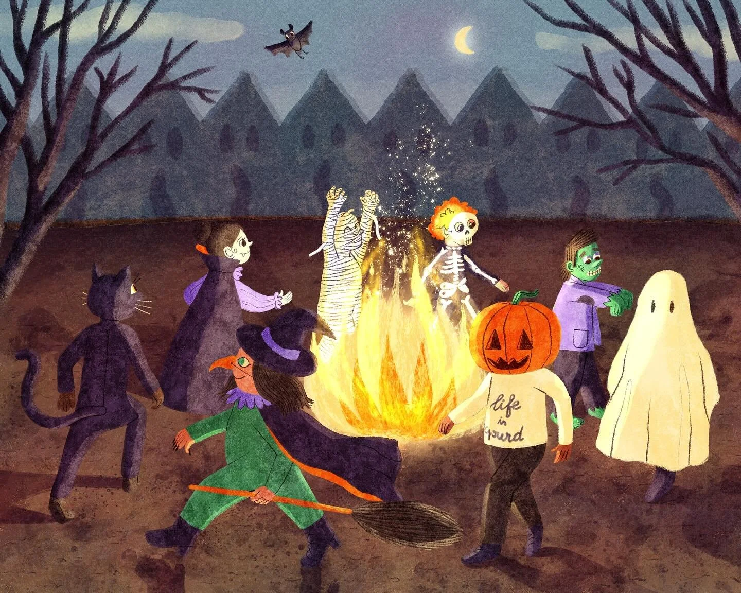 Happy Halloweeeeeeeennnn
👻🧛&zwj;♀️🧪🎃🐈&zwj;⬛💀🪦🦴🧙&zwj;♀️🧹🔮🧟&zwj;♂️🔥

@luddingtoncreative #luddingtoncreative 
#illustration #kidslit #childrenbookstagram #childrenbookart #bonfire #ghostly #halloween #autumnmood #illustratorforhire #kidsbo
