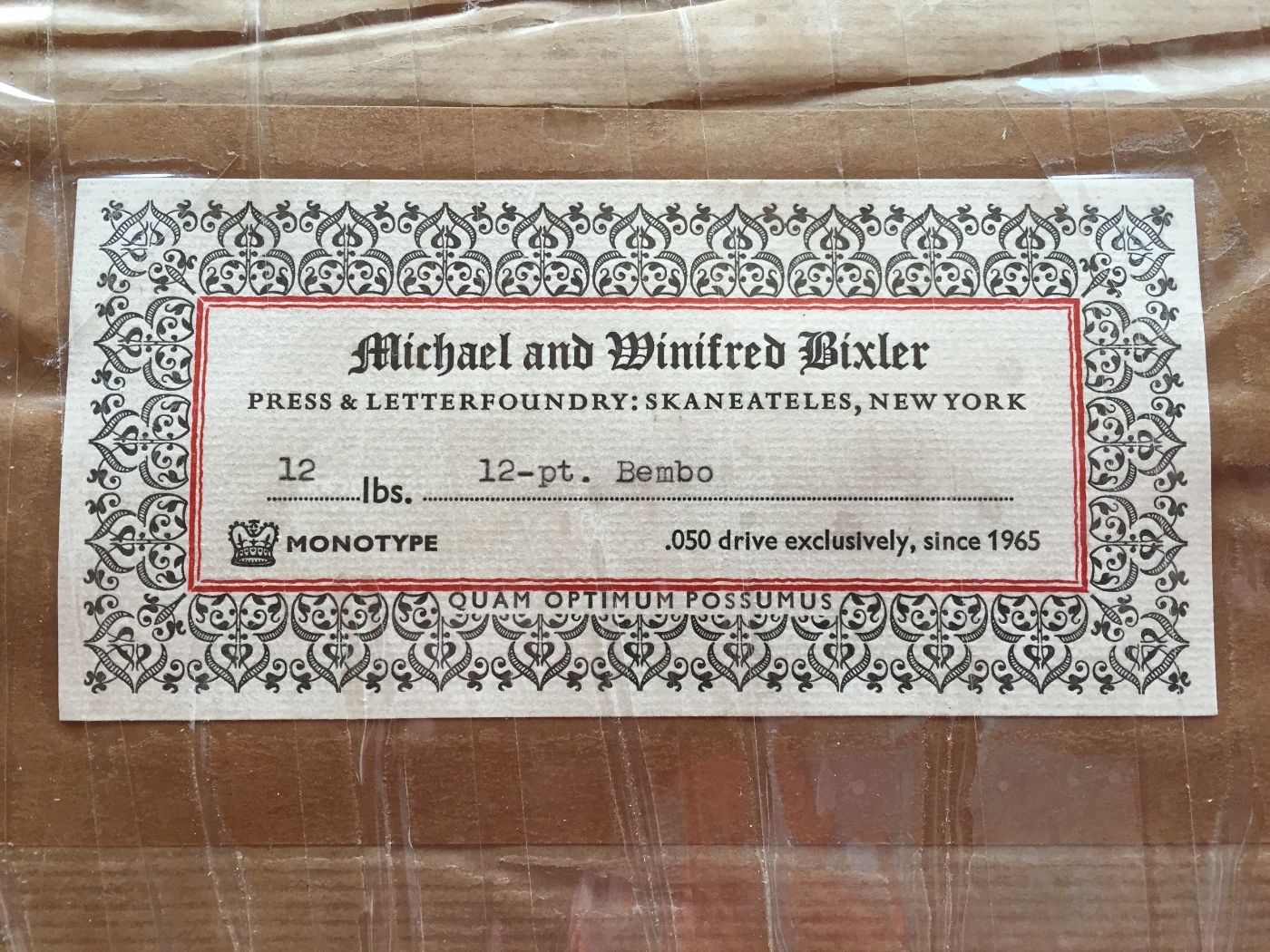 The beautiful package label the Bixler's use for their new-cast type.
