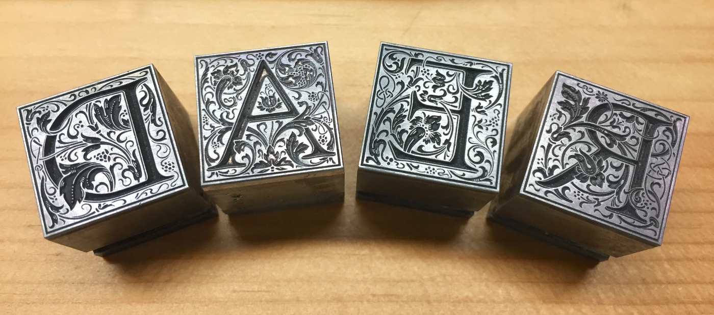 Some of the largest (and most beautiful) metal type we have here at the Press: 60-point Cloister Initials, designed by Frederic Goudy.