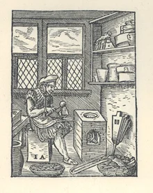 A typecaster of centuries past, pouring molten metal into a mould to cast new letters. (Courtesy of the The University of Manchester Library.)