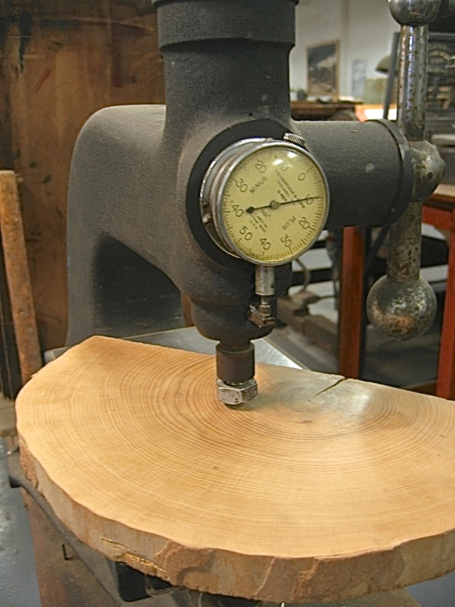 Gauge for measuring the thickness of the wood, to make sure it is the precise height (.918 inches) for wood type. (At Hamilton Wood Type and Printing Museum)