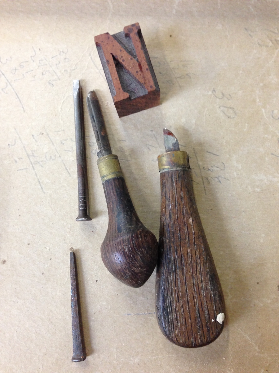 Some carving tools for making detailed adjustments to the newly-routed wood type. (At Hamilton Wood Type and Printing Museum)