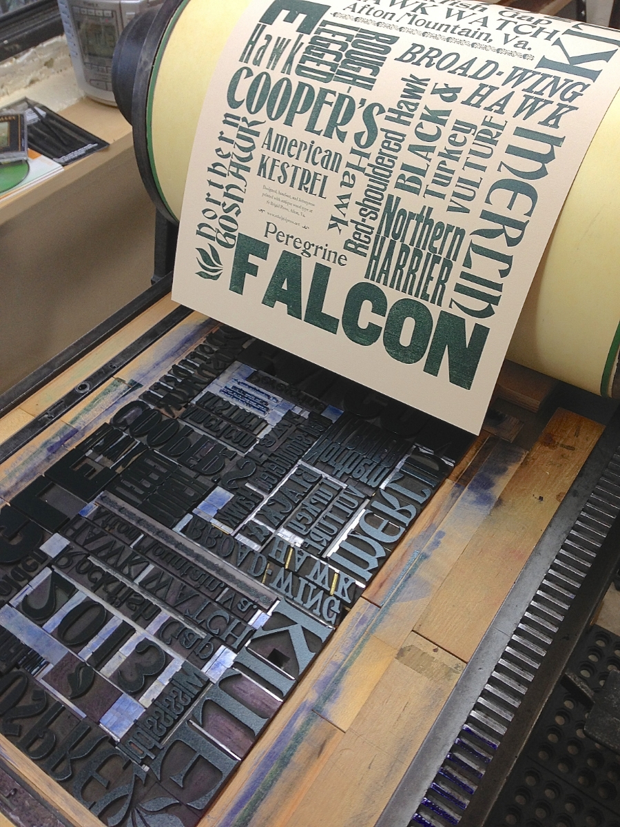 One of our most enjoyable projects using wood type here at the Press: a limited edition poster celebrating the raptors that migrate along the Blue Ridge Mountains.