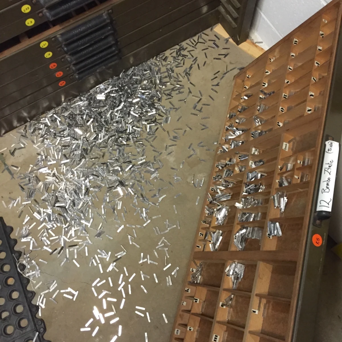 Pied type on the floor at St Brigid Press.