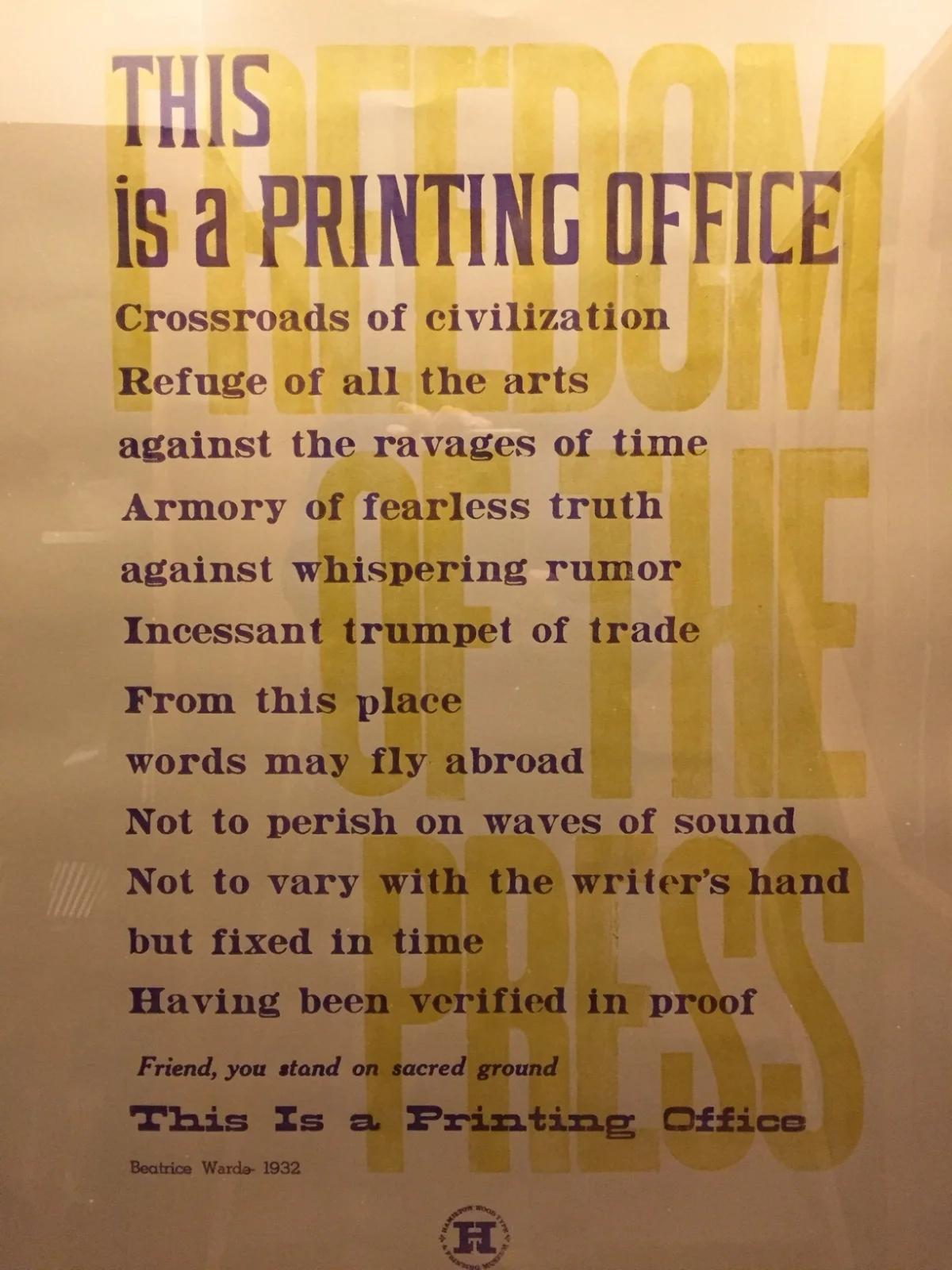 "This is a Printing Office," by American journalist and typographer Beatrice Warde (1932). Here printed by the Hamilton Wood Type and Printing Museum (Two Rivers, Wisconsin).
