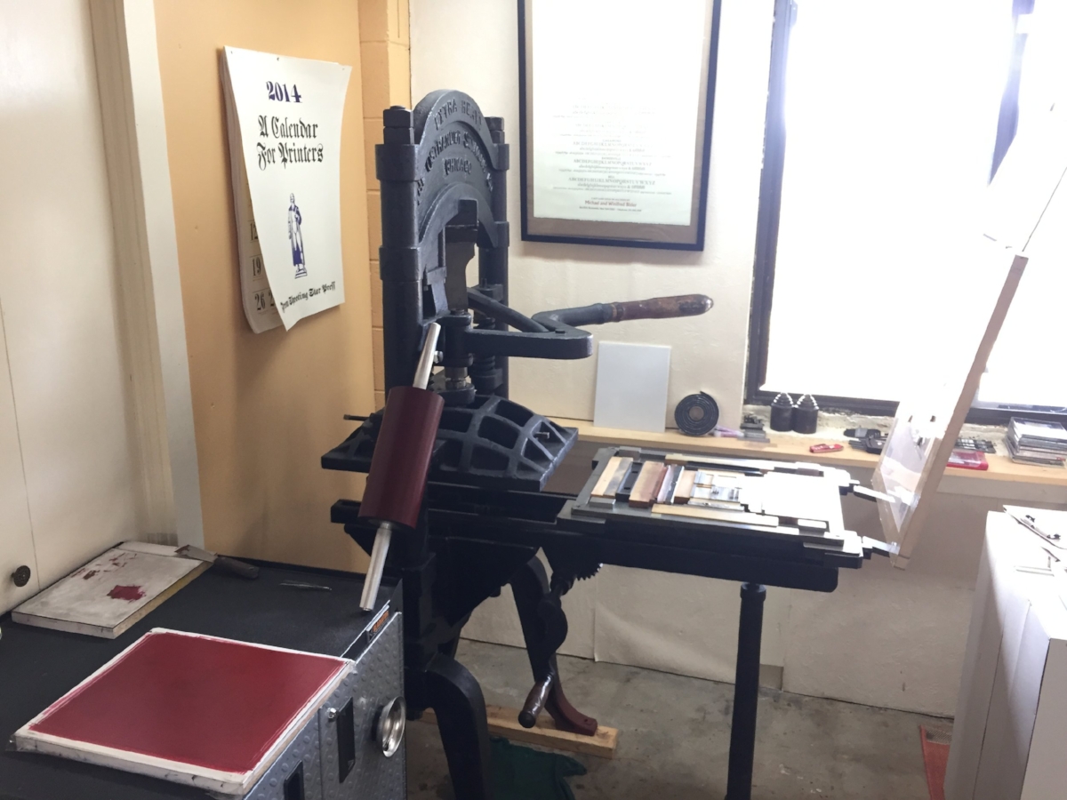  This is "Ben," the 100+ year old iron handpress, and my workstation. 