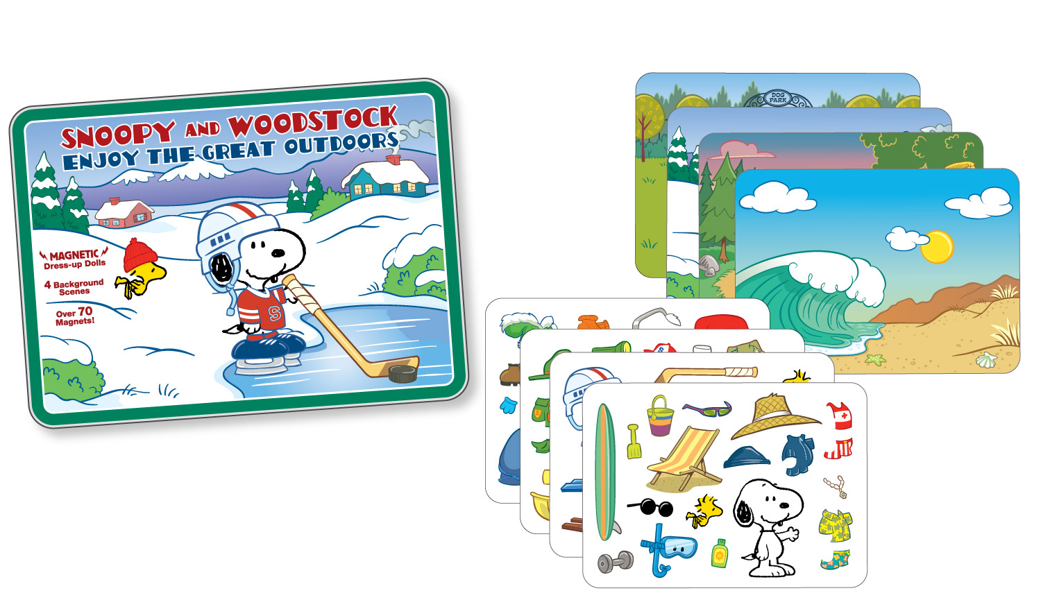 "Snoopy and Woodstock magnet set and background cards in a printed tin for Determined Productions, characters ©Peanuts Worldwide, LLC