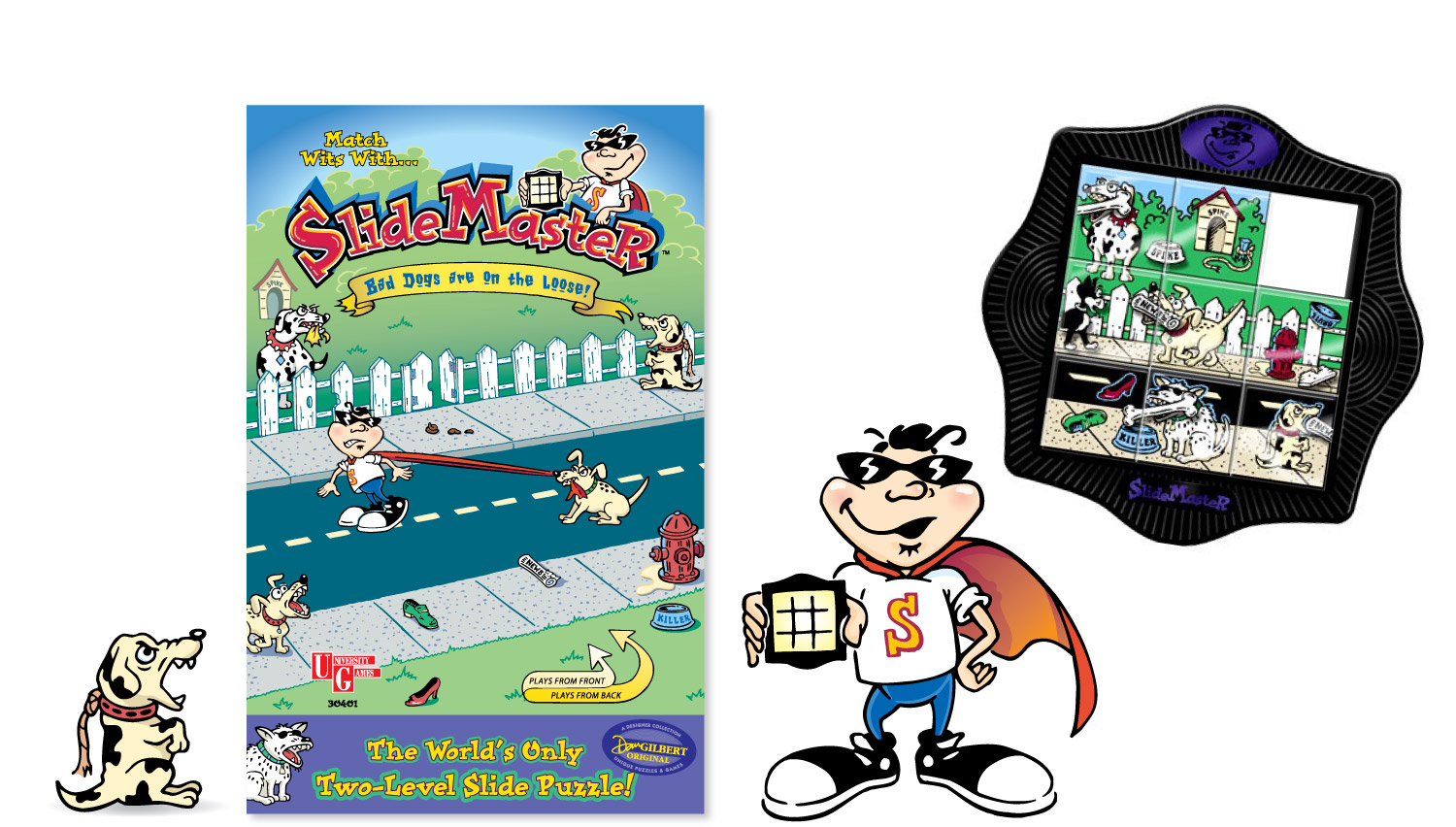 "SlideMaster" original character and art for slide puzzle and clamshell package