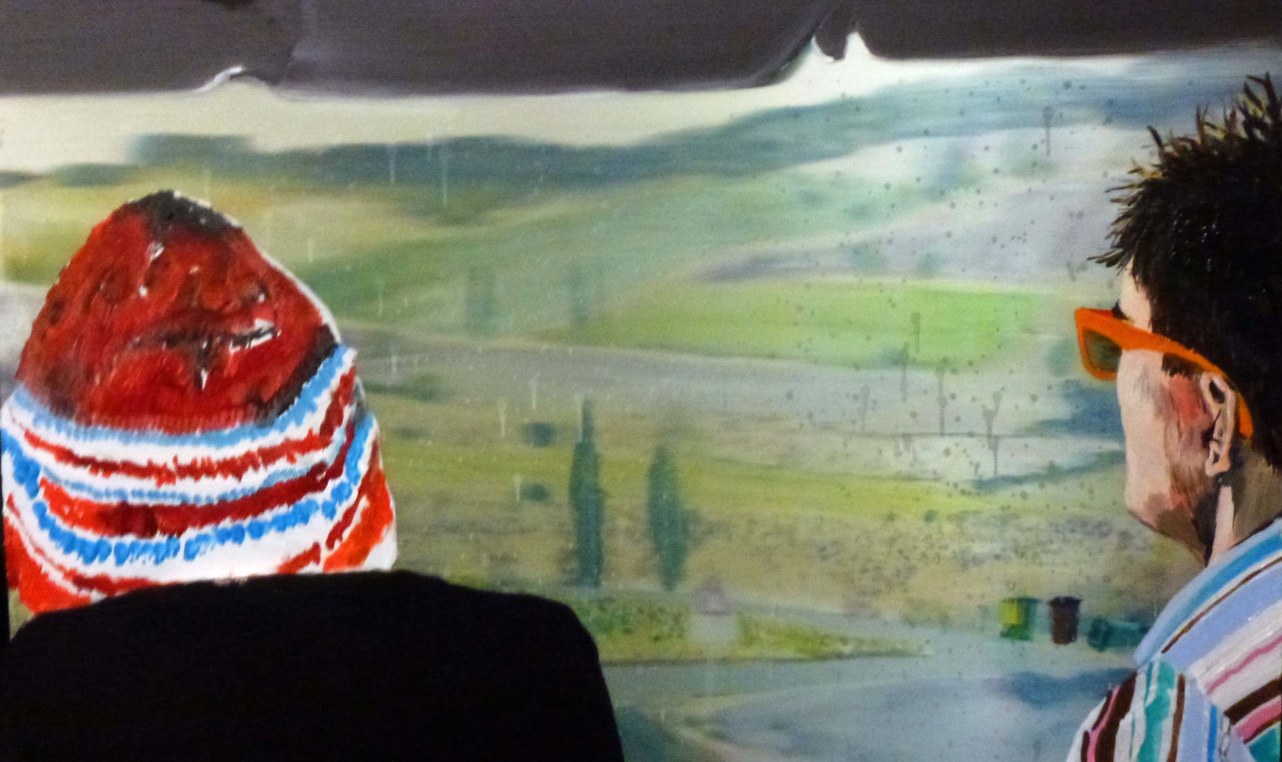   Travelling (Jim and I),  2012 Acrylic, oil and automotive enamel on lenticular print 44 x 61cm 