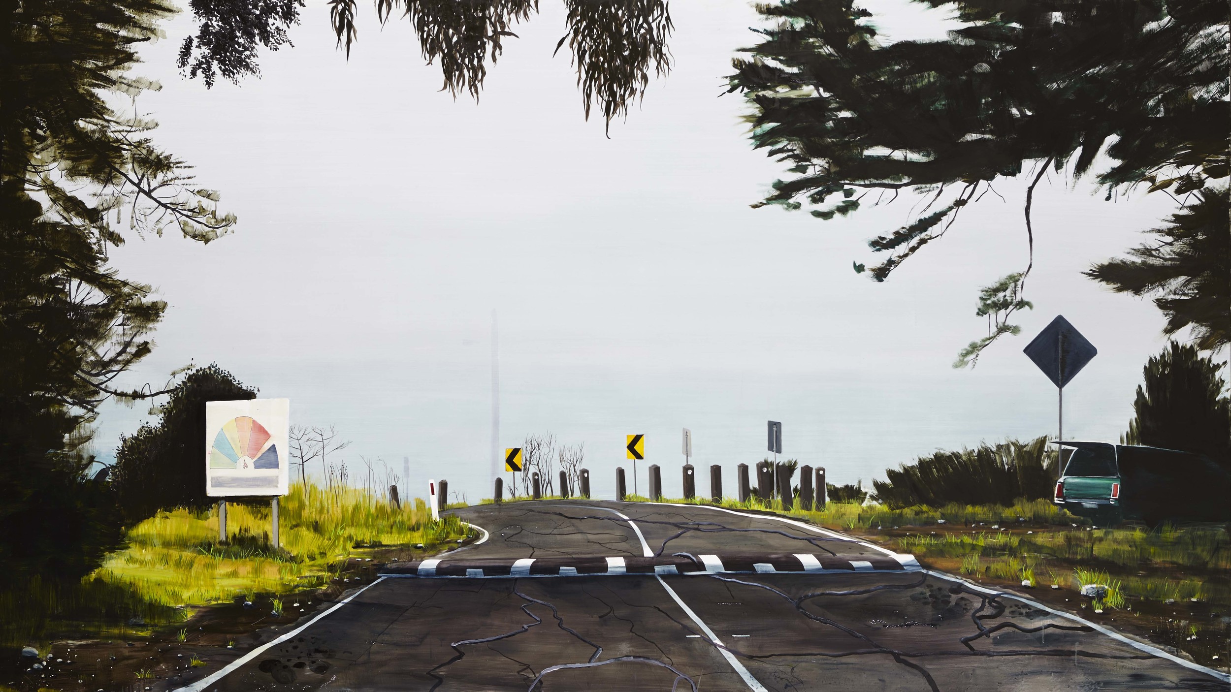 Byrne's road, 2013 Acrylic, oil and automotive enamel on linen 120 x 260cm